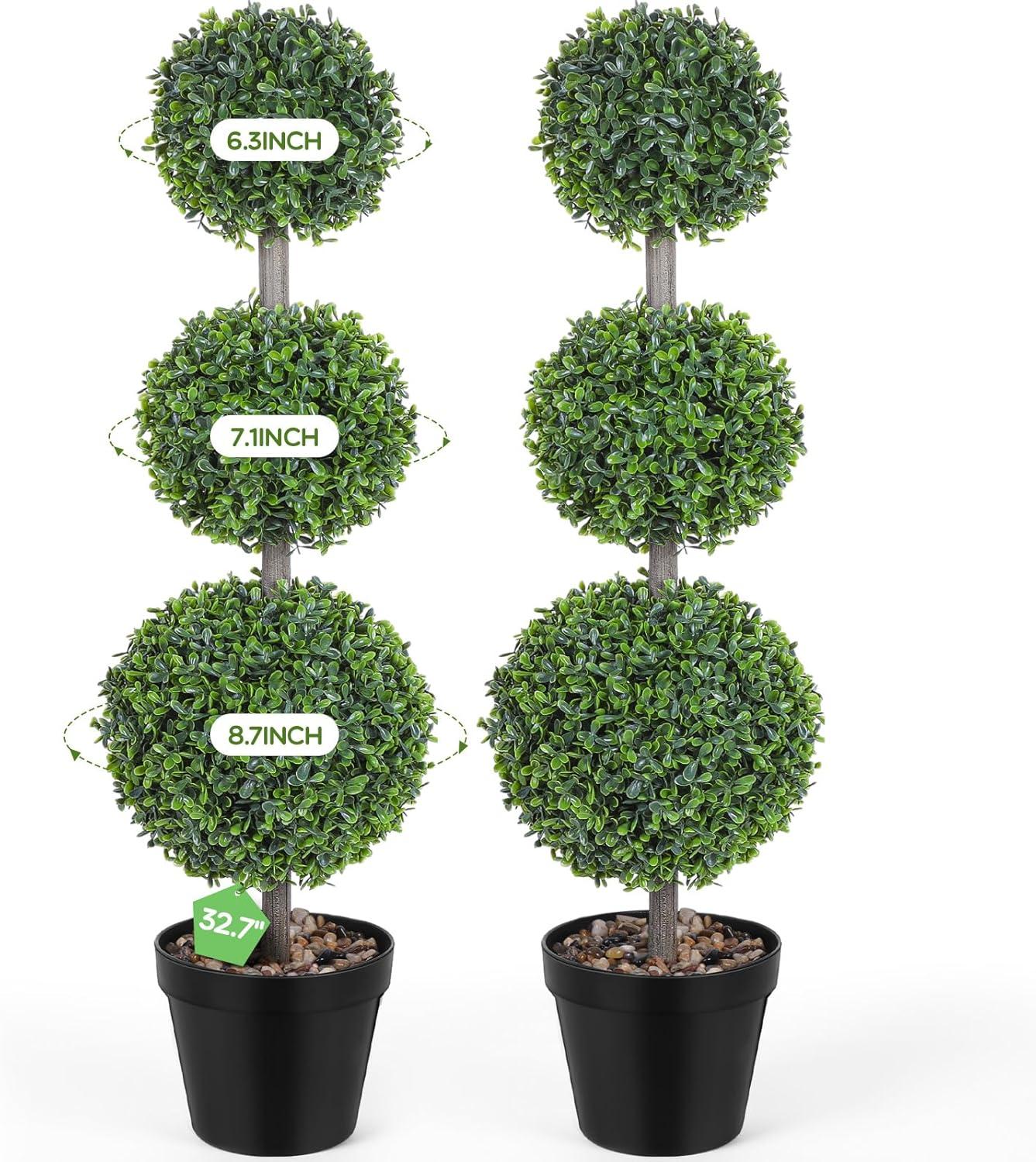 HOMCOM 2 Pack 23.5" Artificial Boxwood Topiary Ball Trees Set of 2, Double Ball-Shaped Boxwood Artificial Topiary Plants for Indoor Outdoor, Green