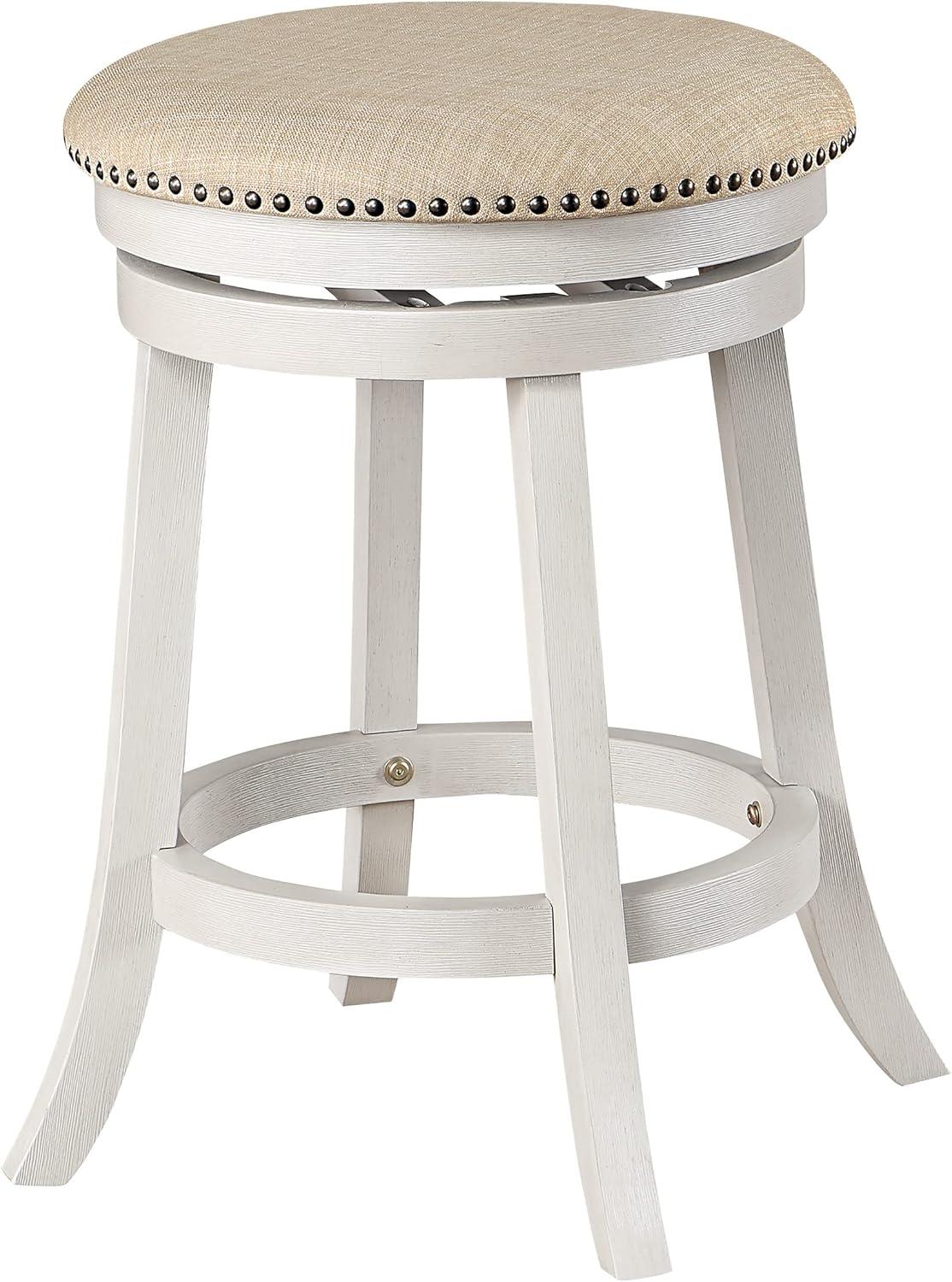 Beige Fabric Round Swivel Stool with White-Wash Wood Finish, 2-Pack