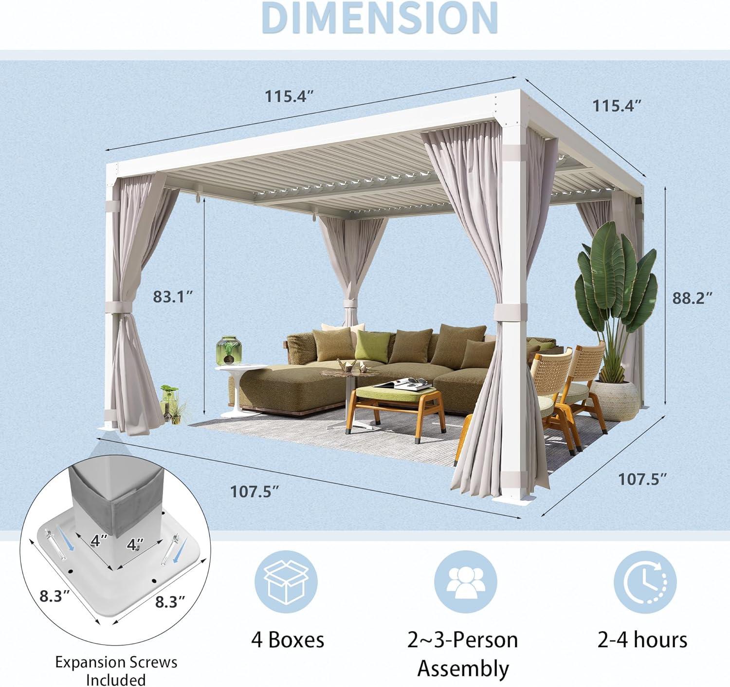 White Aluminum Pergola with Adjustable Roof and Curtains