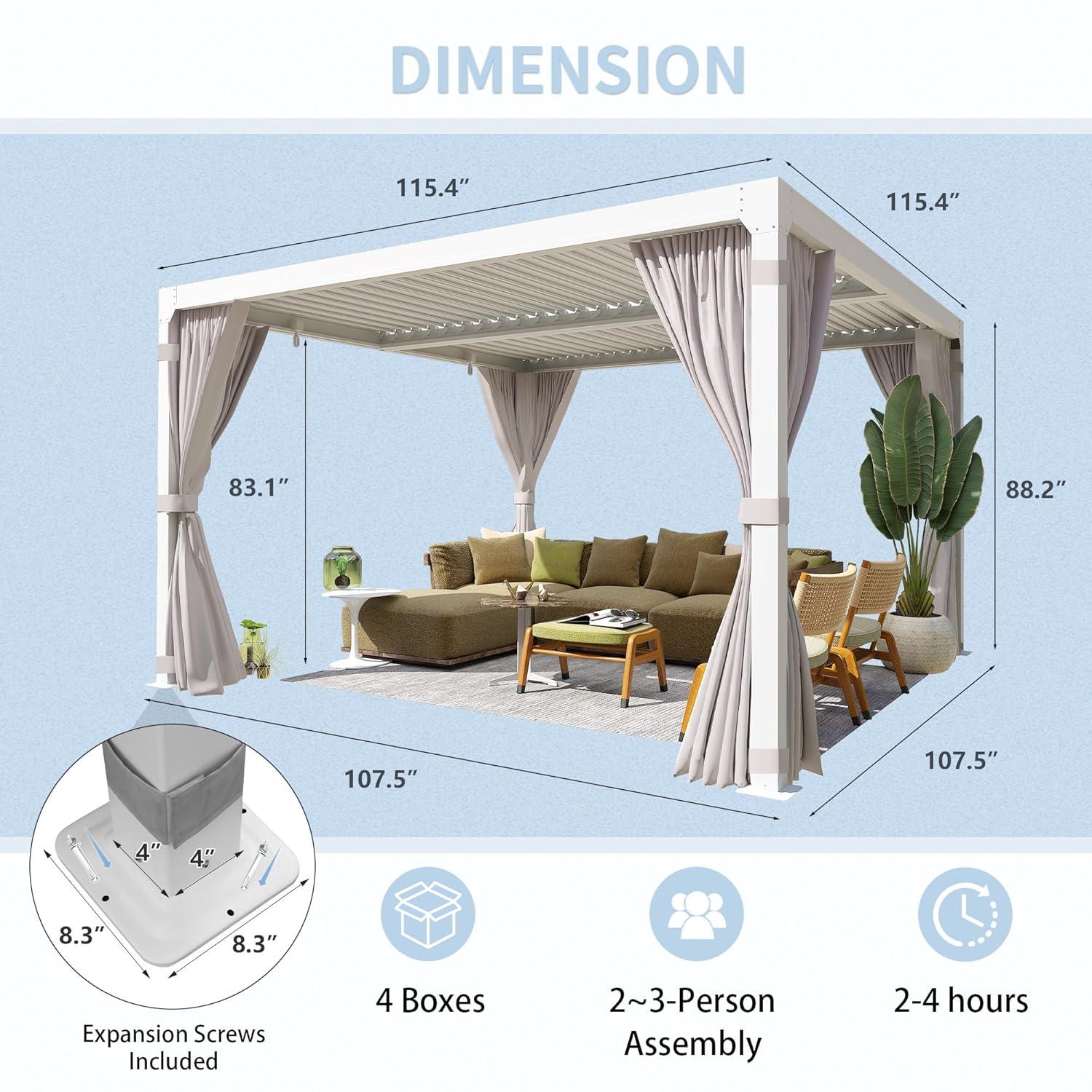 Erommy  Outdoor Louvered Pergola Gazebo with Adjustable Aluminum Rainproof Roof 10'x10' - White