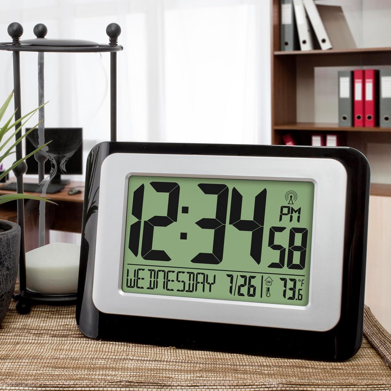 Black and Silver Digital Atomic Wall Clock with Temperature Display