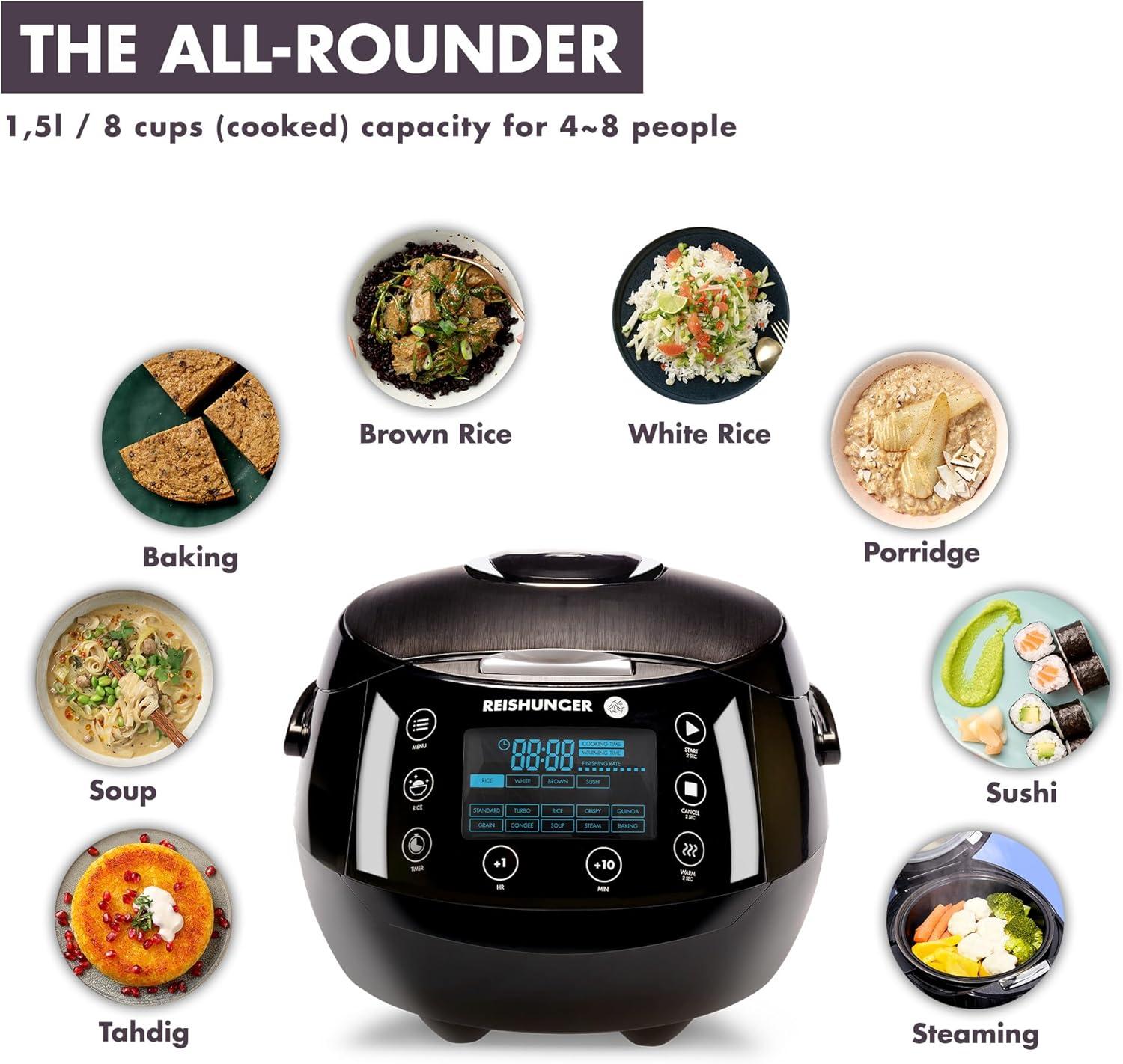 Reishunger Digital Rice Cooker and Steamer, Black, Timer - 8 Cups - Premium Inner Pot, Multi Cooker with 12 Programs & 7-Phase Technology for Brown Rice, Soups, Grains, Oatmeal & more - 1-8 People