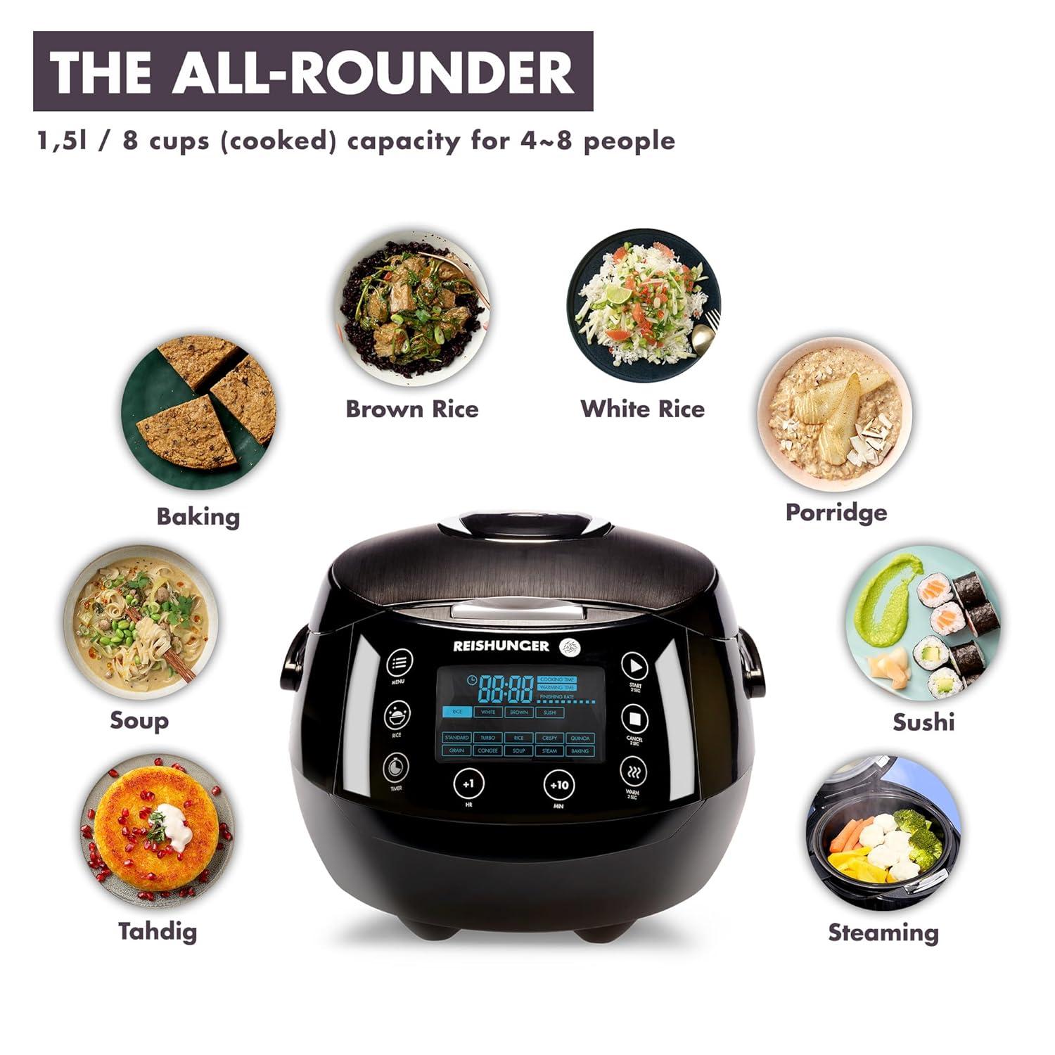 Reishunger Digital Rice Cooker and Steamer, Black, Timer - 8 Cups - Premium Inner Pot, Multi Cooker with 12 Programs & 7-Phase Technology for Brown Rice, Soups, Grains, Oatmeal & more - 1-8 People