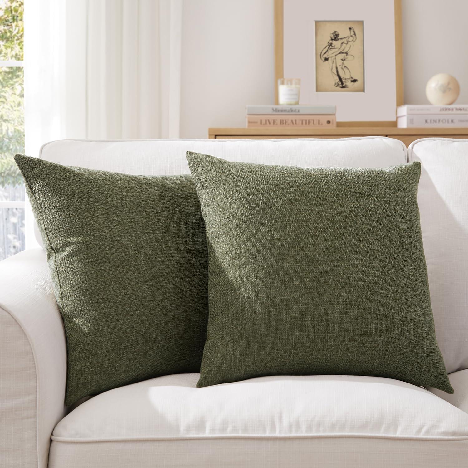 Xukmct 2 Pack Linen Square Pillow Cover with Zipper, Solid Color Decorative Cushion Case for Couch Patio Sofa, 18 x 18 inch, Green