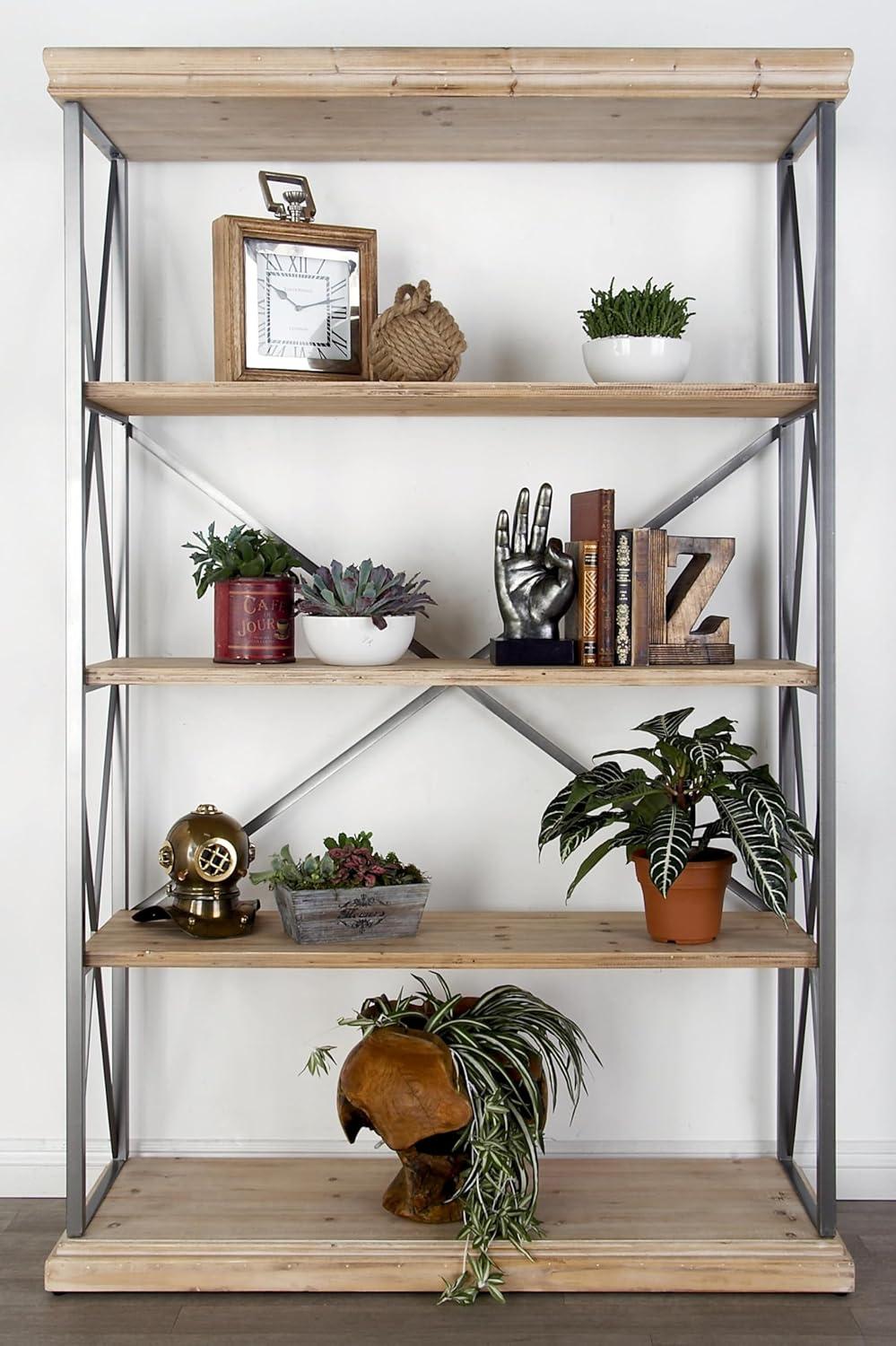 72" Farmhouse 4 Tier Shelf Brown - Olivia & May: Industrial Style Hardwood Bookcase with Storage Bins