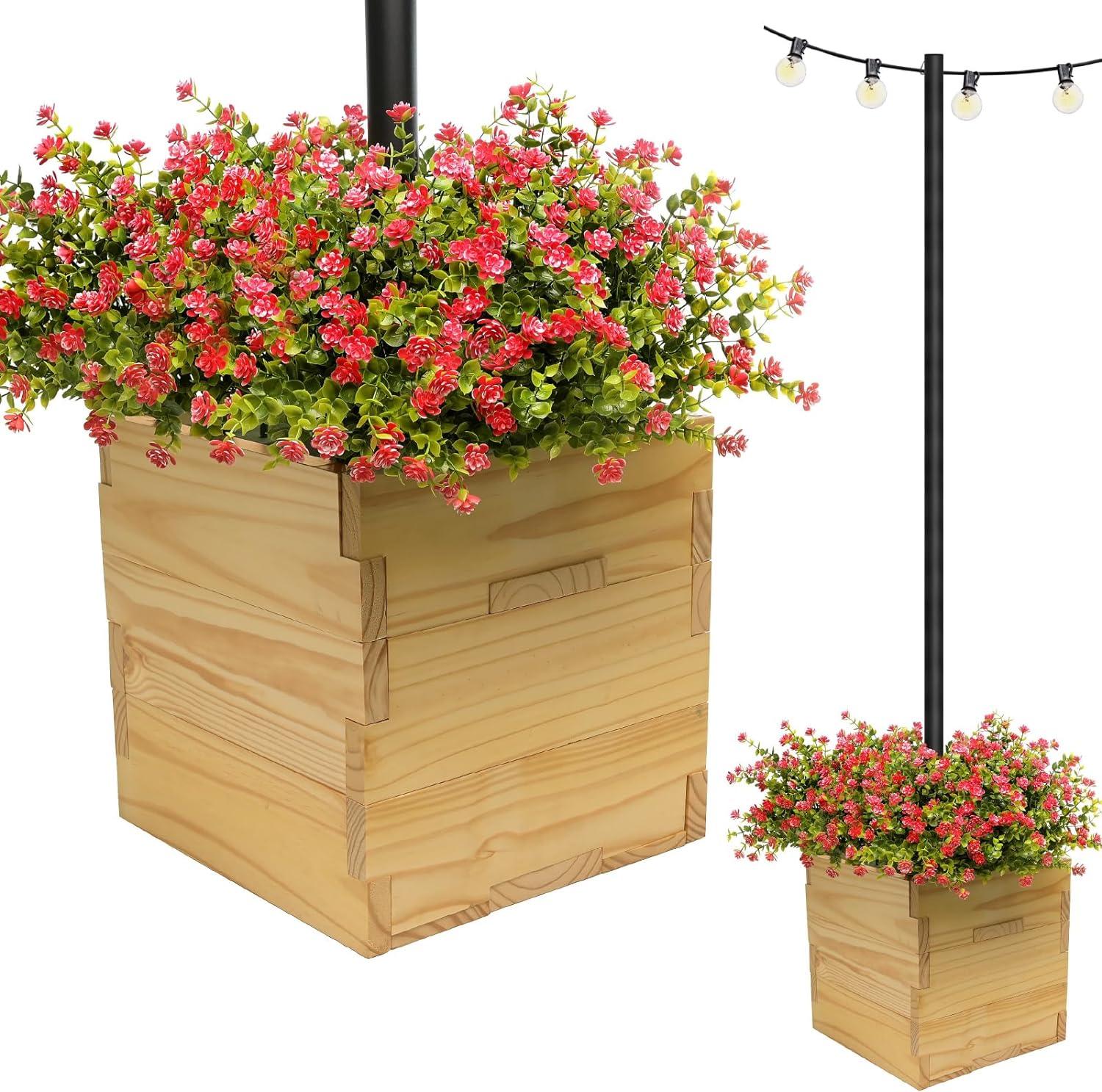 18" Square Natural Wood Outdoor Planter Box with Universal Pole Support