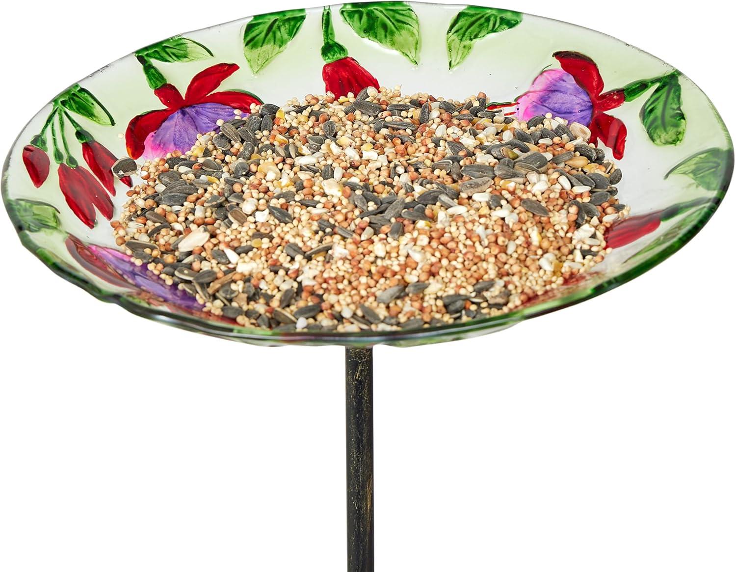 10" Glass Stake Birdbath DHF10 w/Flowers and Hummingbird