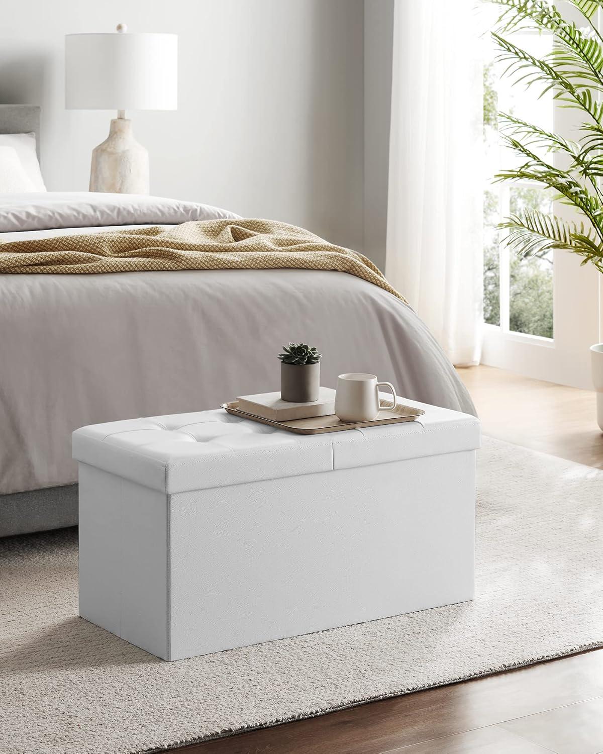 SONGMICS 30 Inches Folding Storage Ottoman Bench with Flipping Lid White