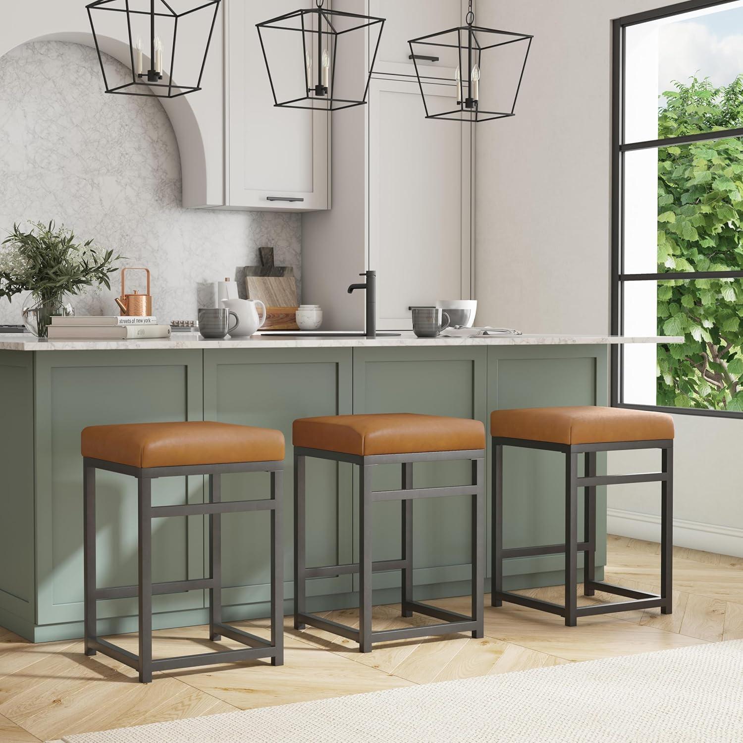 24" Open Back Metal Counter Height Barstool Faux Leather Carmel - HomePop: Kitchen Island Seating, Industrial Style