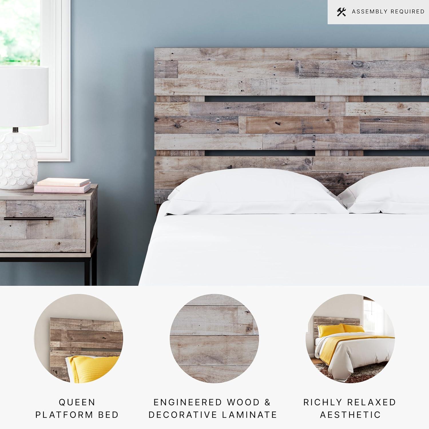 Signature Design by Ashley Queen Neillsville Platform Bed Whitewash: Beach Chic Urban Style, Pine Grain, No Box Spring Needed