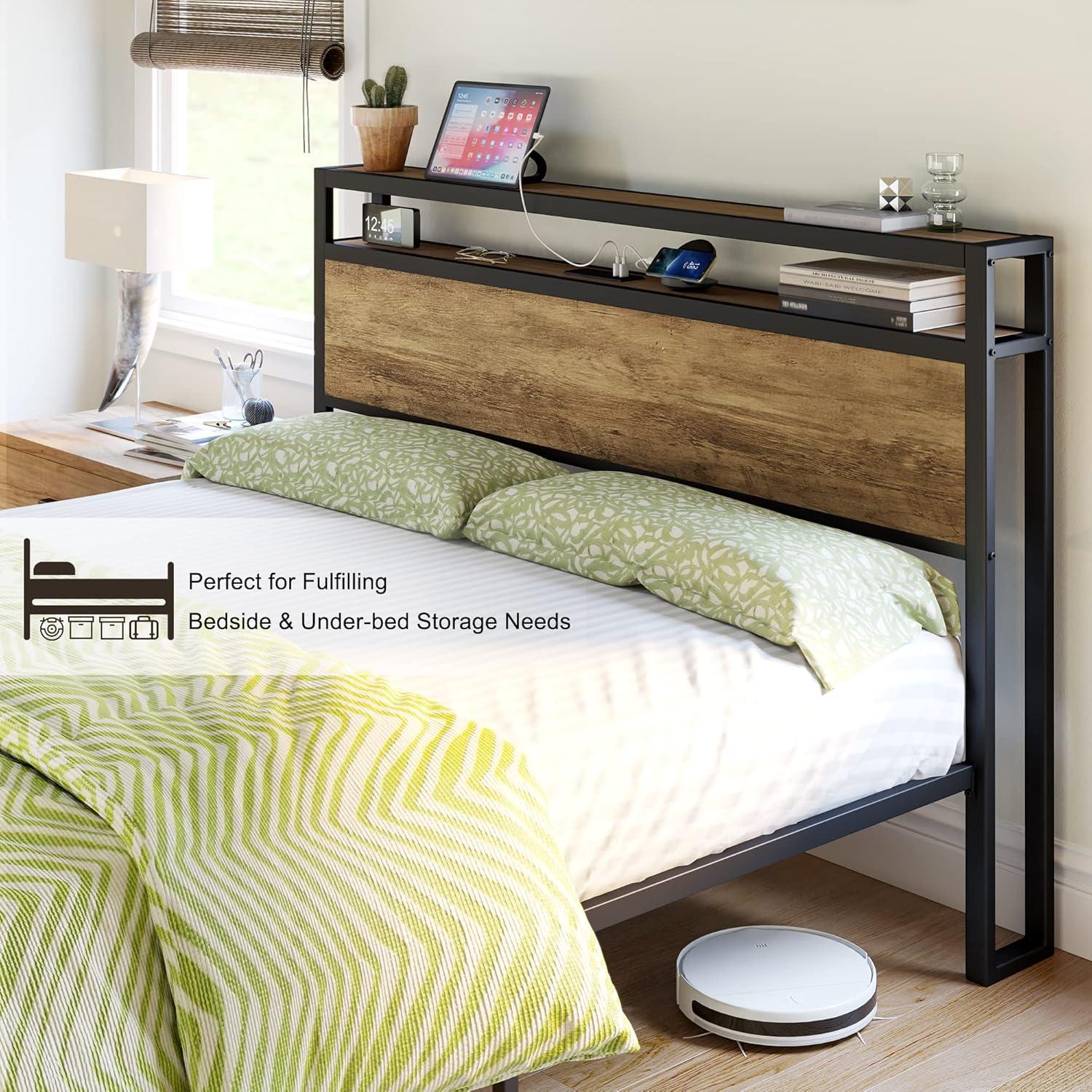 VANACC Metal Wood King Size Bed Frame with 2-Tier Storage Headboard and Charging Station, Light Brown