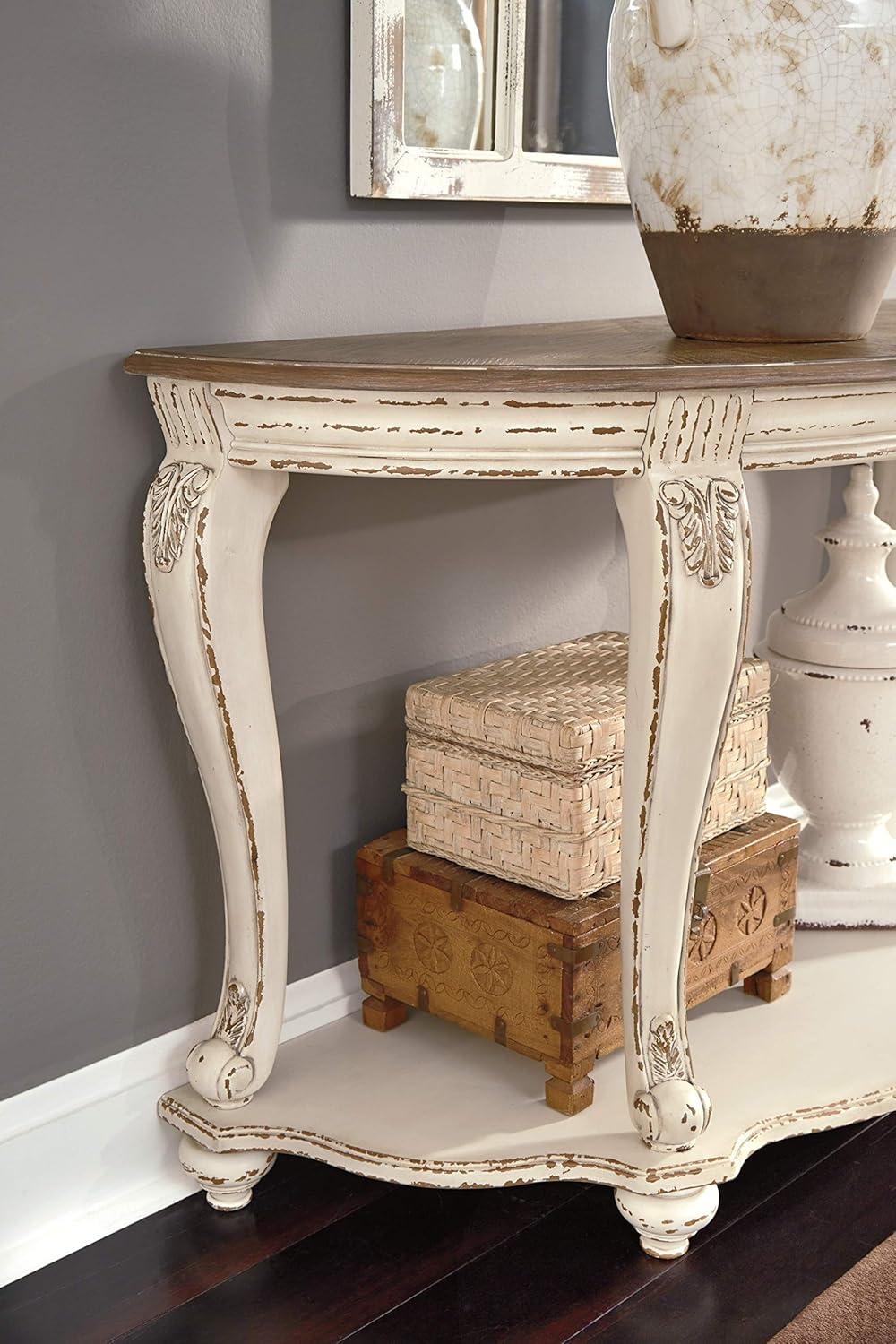 Realyn Demilune Sofa Table with Storage in Distressed White/Brown