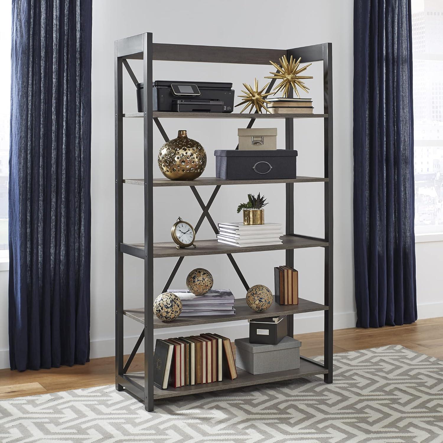 Brown Adjustable Metal Frame 5-Shelf Bookcase