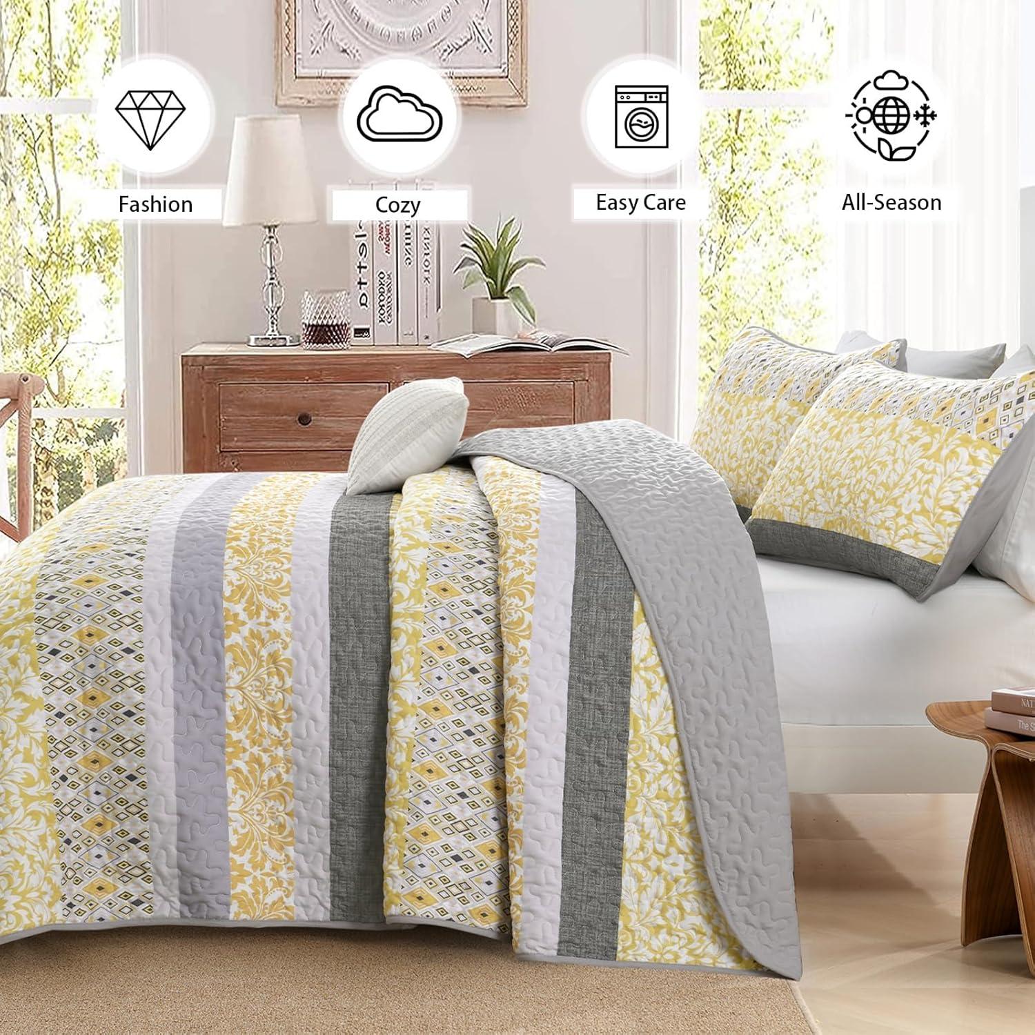 JML 3 Piece Quilt Set King Size,Lightweight Microfiber Bedspread Coverlet,Grey & Yellow Floral