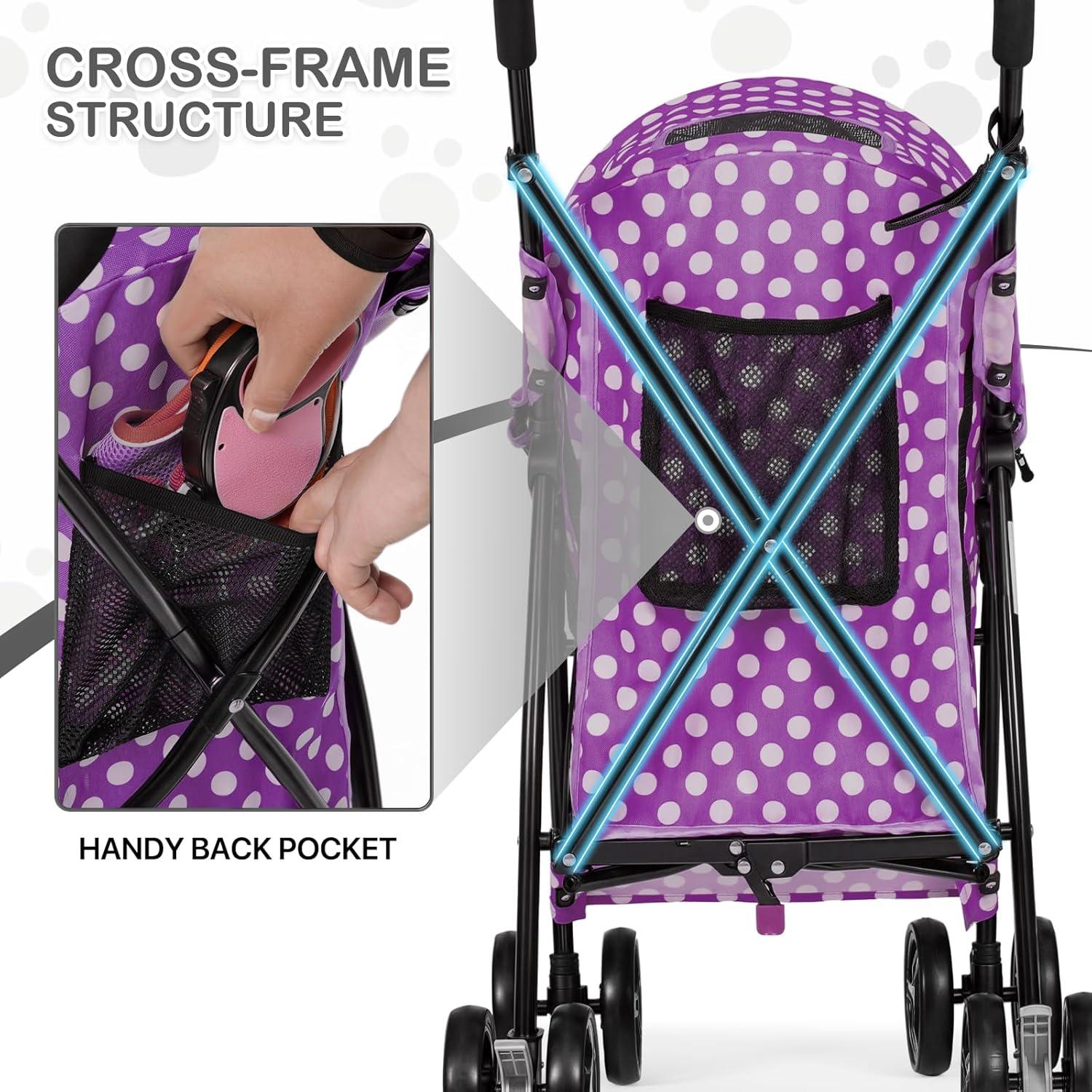 Magshion Foldable Lightweight Pet Trolley for Pet Cats & Dogs, 4 Wheel, Purple with White Polka Dots