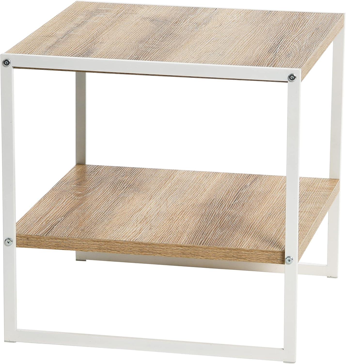 Household Essentials Jamestown Square Side End Table with Storage Shelf Coastal Oak Rustic Wood Grain and White Metal