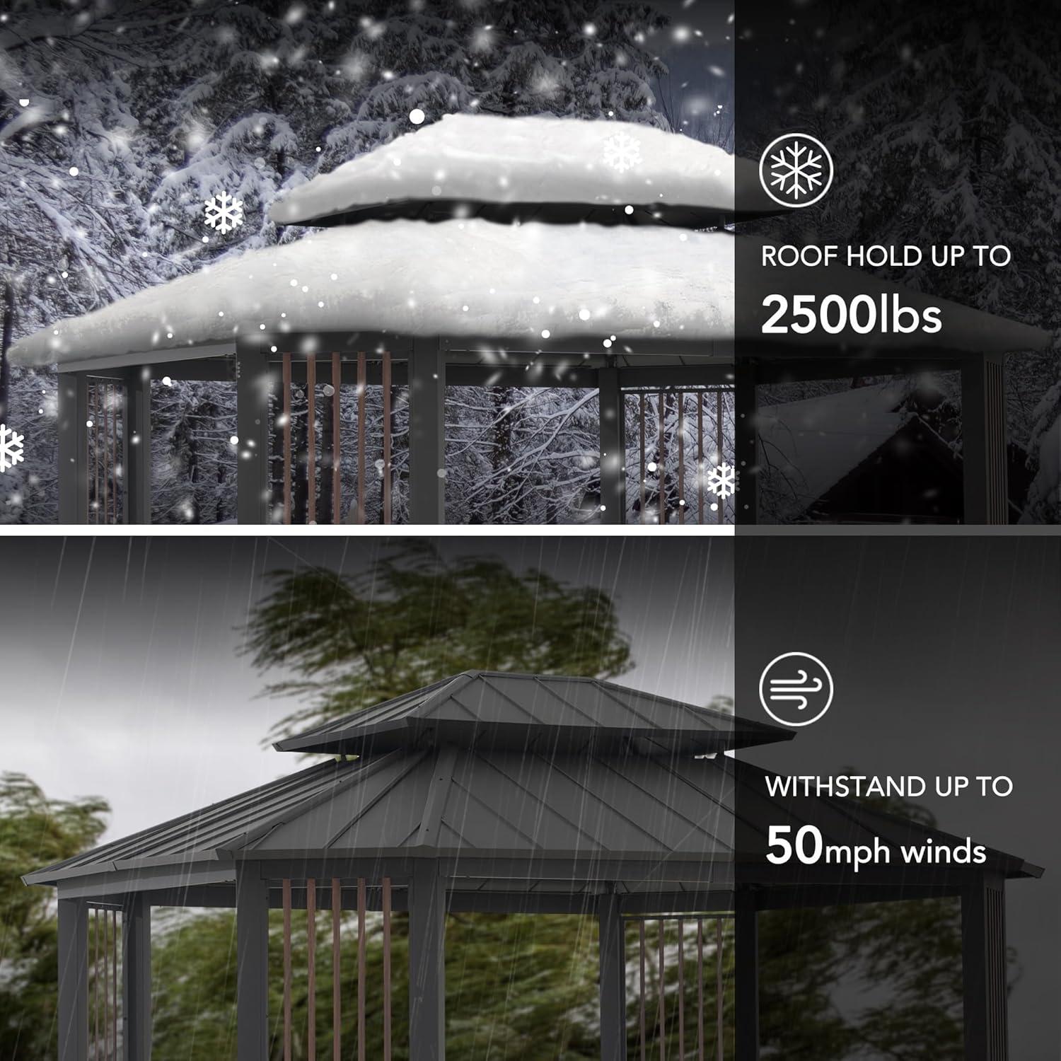 Sunjoy Sunjoy 11 x 13 ft. Hardtop Gazebo Outdoor Galvanized Steel Gazebo w/ Metal Gable Roof and Movable Ceiling Hook, Suitable for Patio & Backyard