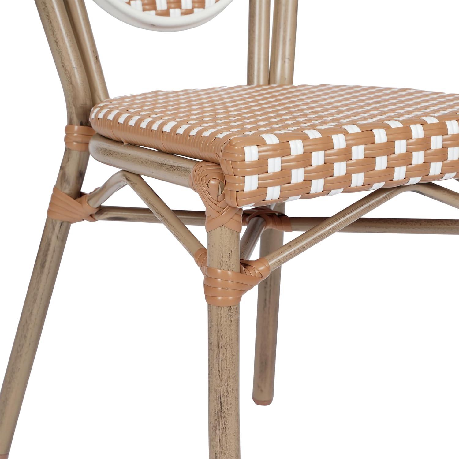 Flash Furniture 4 PK Lourdes Indoor/Outdoor Commercial Thonet Bistro Stack Chair, Natural/White PE Rattan & Bamboo Print Aluminum Frame in Light Nat