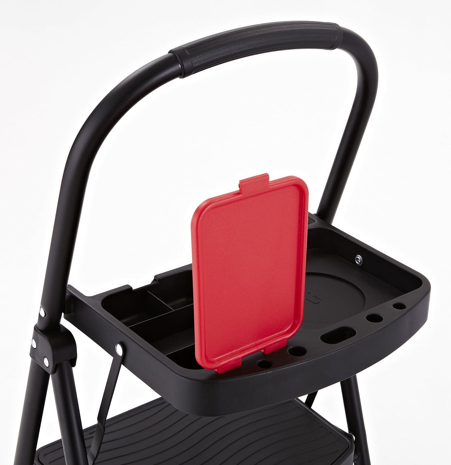 Black Foldable Steel 3-Step Ladder with Project Tray