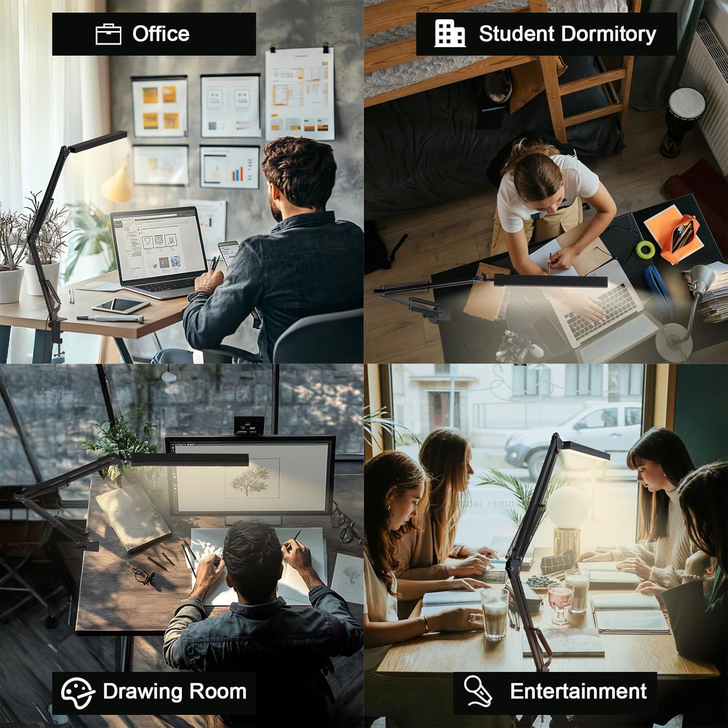 LED Desk Lamp, Swing arm Desk Light with clamp, 3 Lighting 10 Brightness Eye-Caring Modes, Reading Desk Lamps for Home Office 360 Degree Spin with USB Adapter & Memory Function black-14W