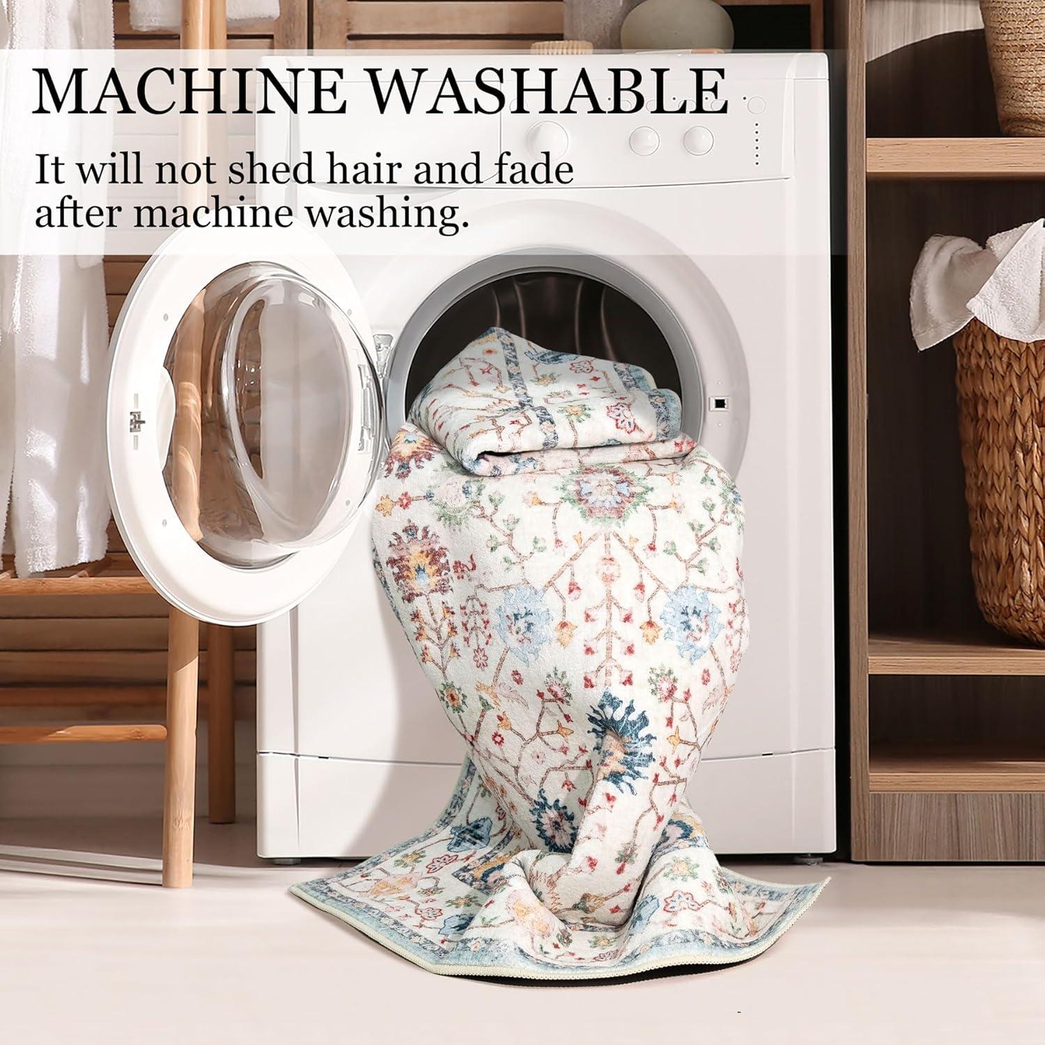 MUJOO 5x7 Area Rugs,Washable Rugs for Living Room Bedroom Bedside,Blue Boho Non Slip Carpet Indoor,Vintage Soft Teal and Pink Floral Rug