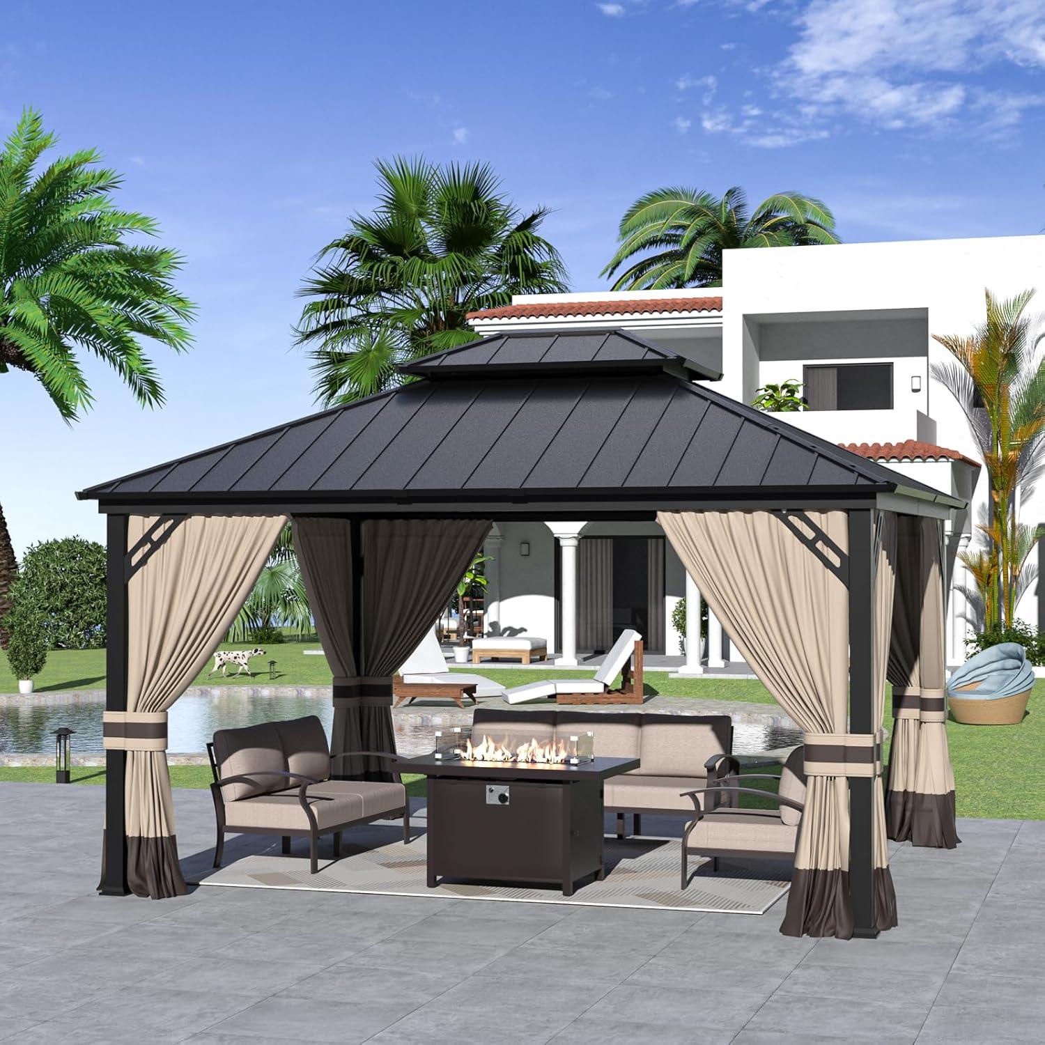 10 ft. x 12 ft. Brown Hardtop Wall Mounted Gazebo with Sloping Pitched Roof and Curtain Sand