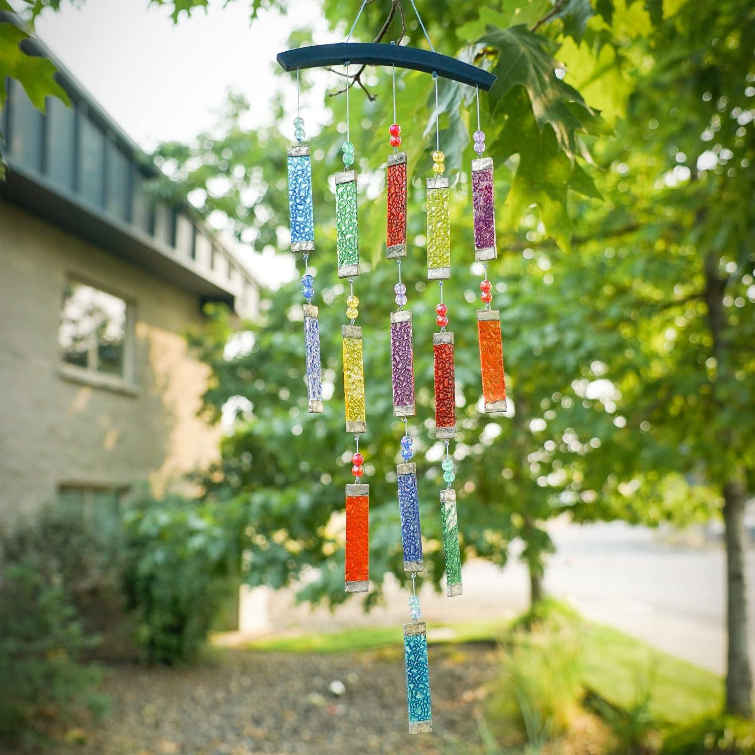 Rainbow Textured Glass and Wood Wind Chime