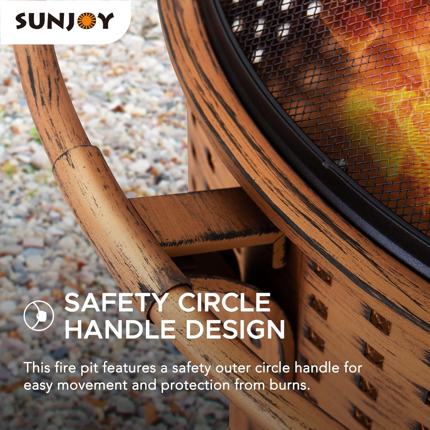 SUNJOY Fire Pit 30 Inch Outdoor Wood-Burning Fire Pit, Patio Woven Round Steel Firepit Large Fire Pits for Outside with Spark Screen and Poker