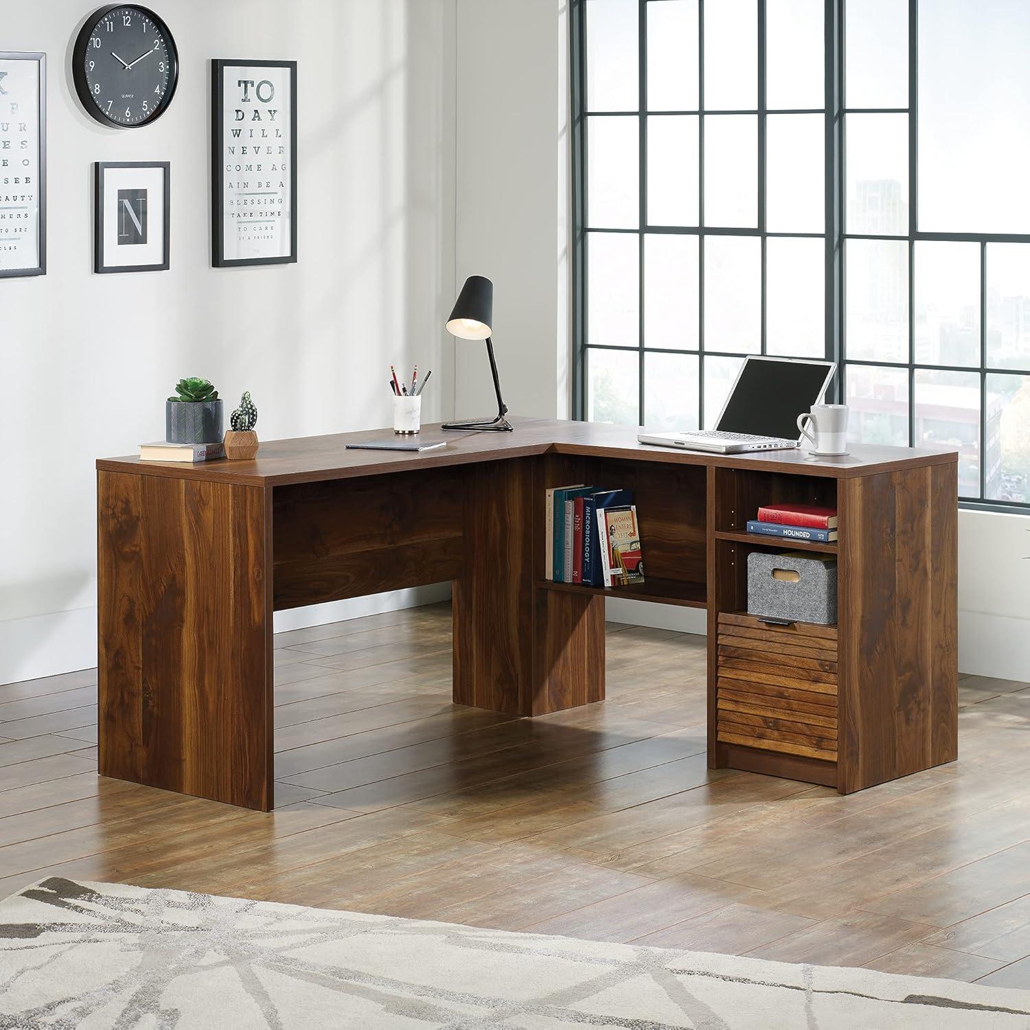 Grand Walnut L-Shaped Writing Desk with Drawer and Filing Cabinet