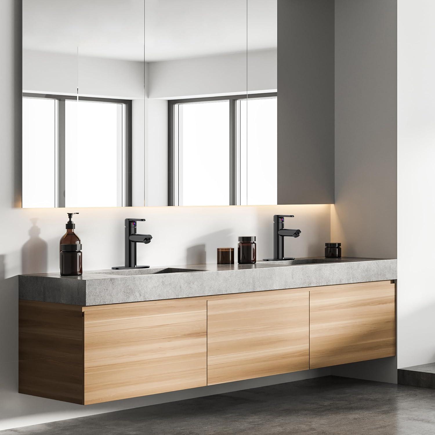 Bathroom Sink Faucet One Hole,Lavatory Tap for Basin,Matte Black Bathroom Sink Faucet with Metal Pop Up Drain Assembly， Bathroom Faucet 1 Hole with 3 Hole Deck Plate