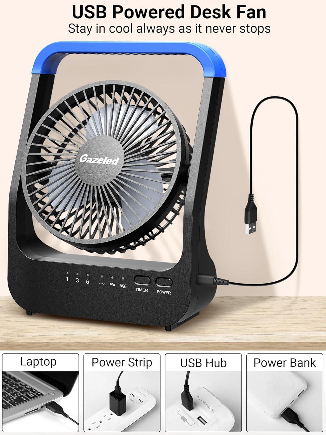 Gazeled Battery Operated Fan,Camping Fan, Super Long Lasting, Portable D-Cell Battery Powered Desk Fan with Timer,3 Speeds, Quiet, 180° Rotation,Cooling Fan for Bedroom,Home,Office,Outdoor, 5'',Blue