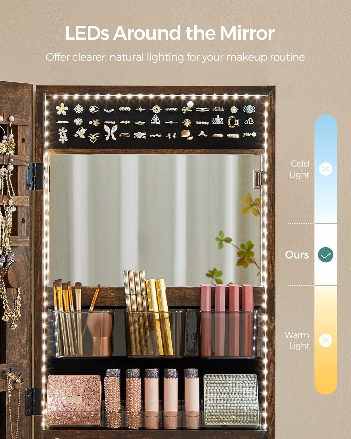 SONGMICS Mirror Jewelry Cabinet Armoire Organizer, Wall or Door Mount Storage Cabinet with Full-Length Frameless Lighted Mirror, Built-in Makeup Mirror, 2 Drawers, Lockable, Rustic Brown UJJC013X01