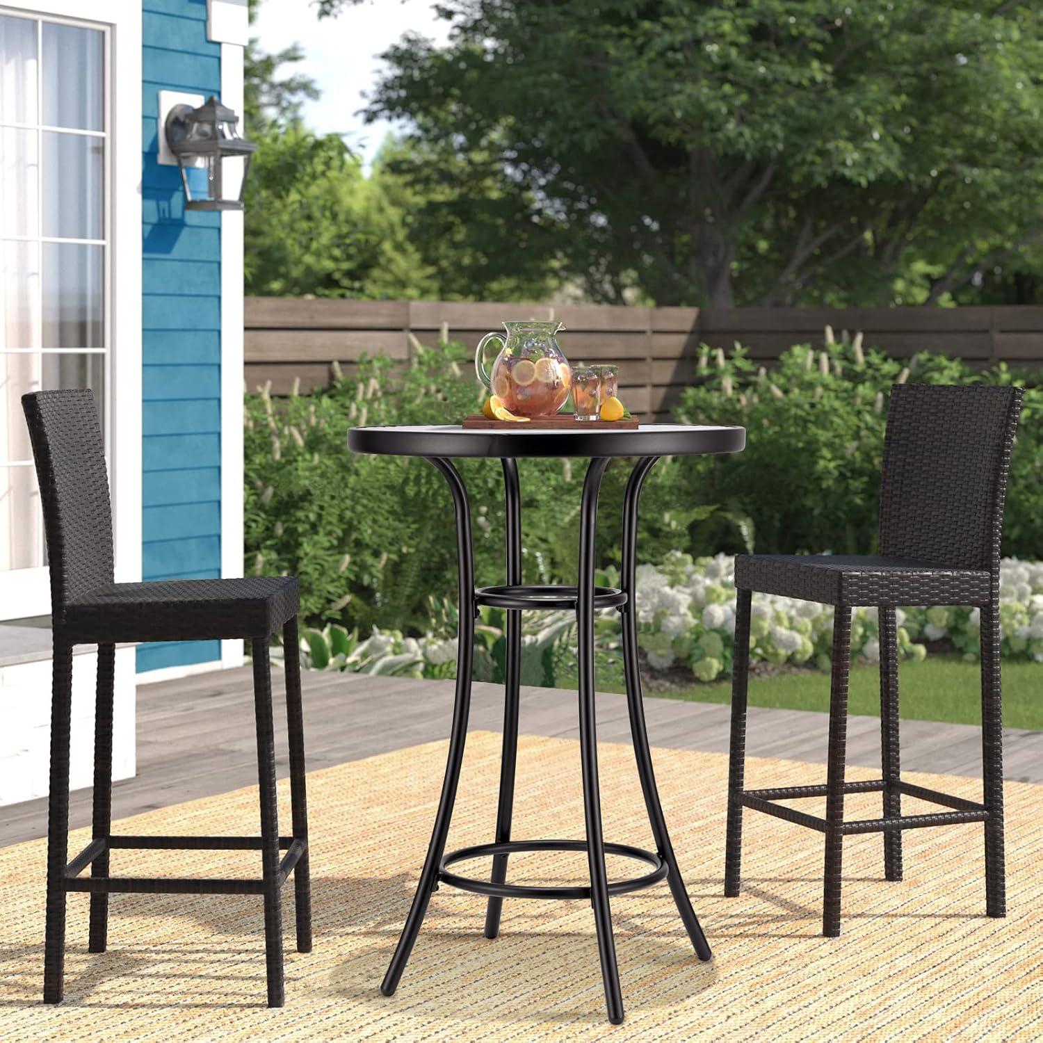Bar Height Patio Glass Table, 2-Tier High Top Outdoor Metal All-Weather Round Bistro Table With Tempered Glass Top for Balcony Backyard Pool, Black