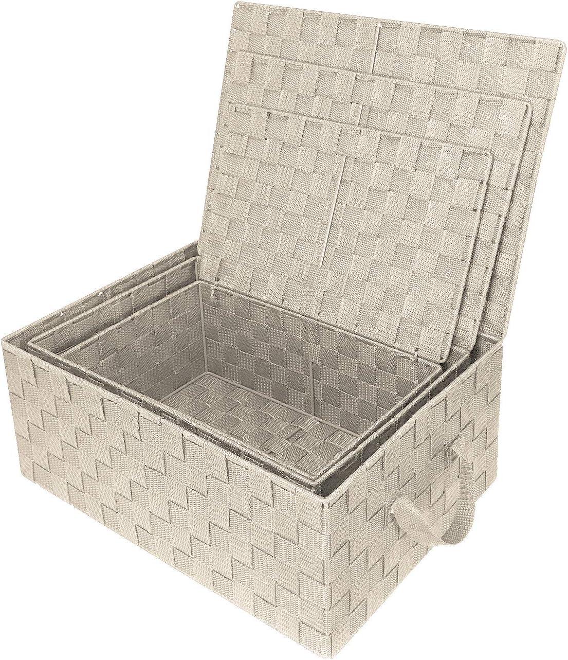 Beige Hand-Woven Square Storage Baskets with Lids