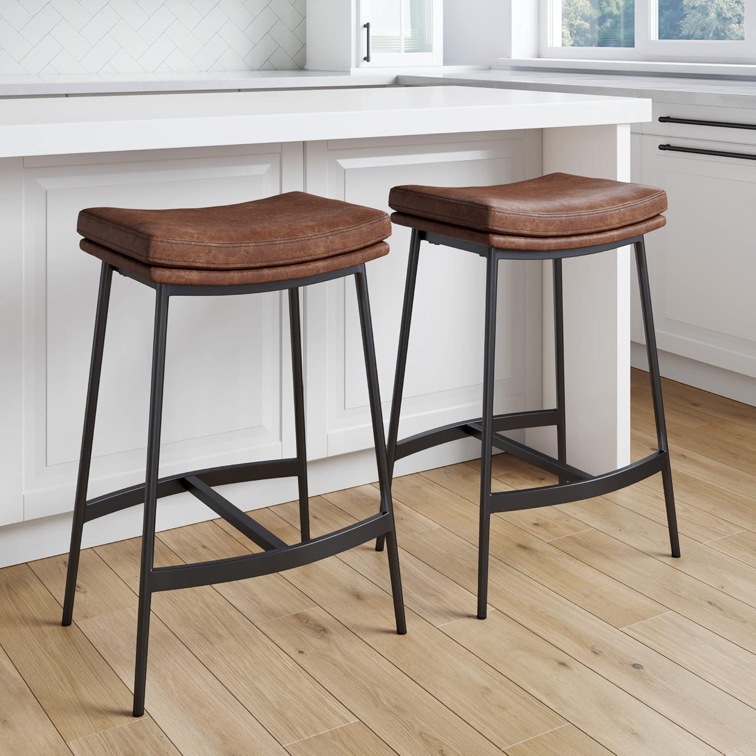 Arlo 27" Brown Leather Saddle Seat Bar Stools with Black Metal Base