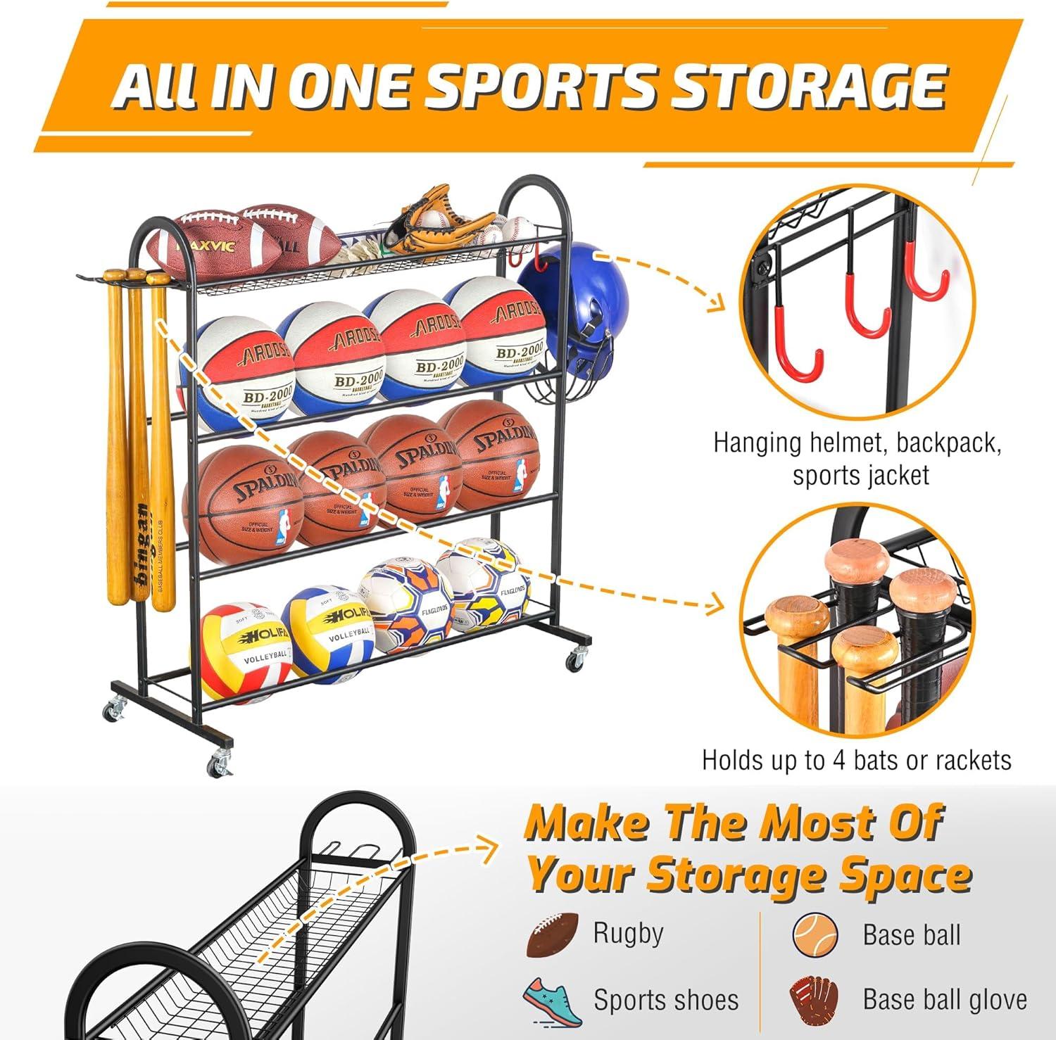 4-Layer Sports Equipment Storage Rack With Baseball Bat Holder, 3 Hooks, And Portable Design For Garage, Home, Gym, School