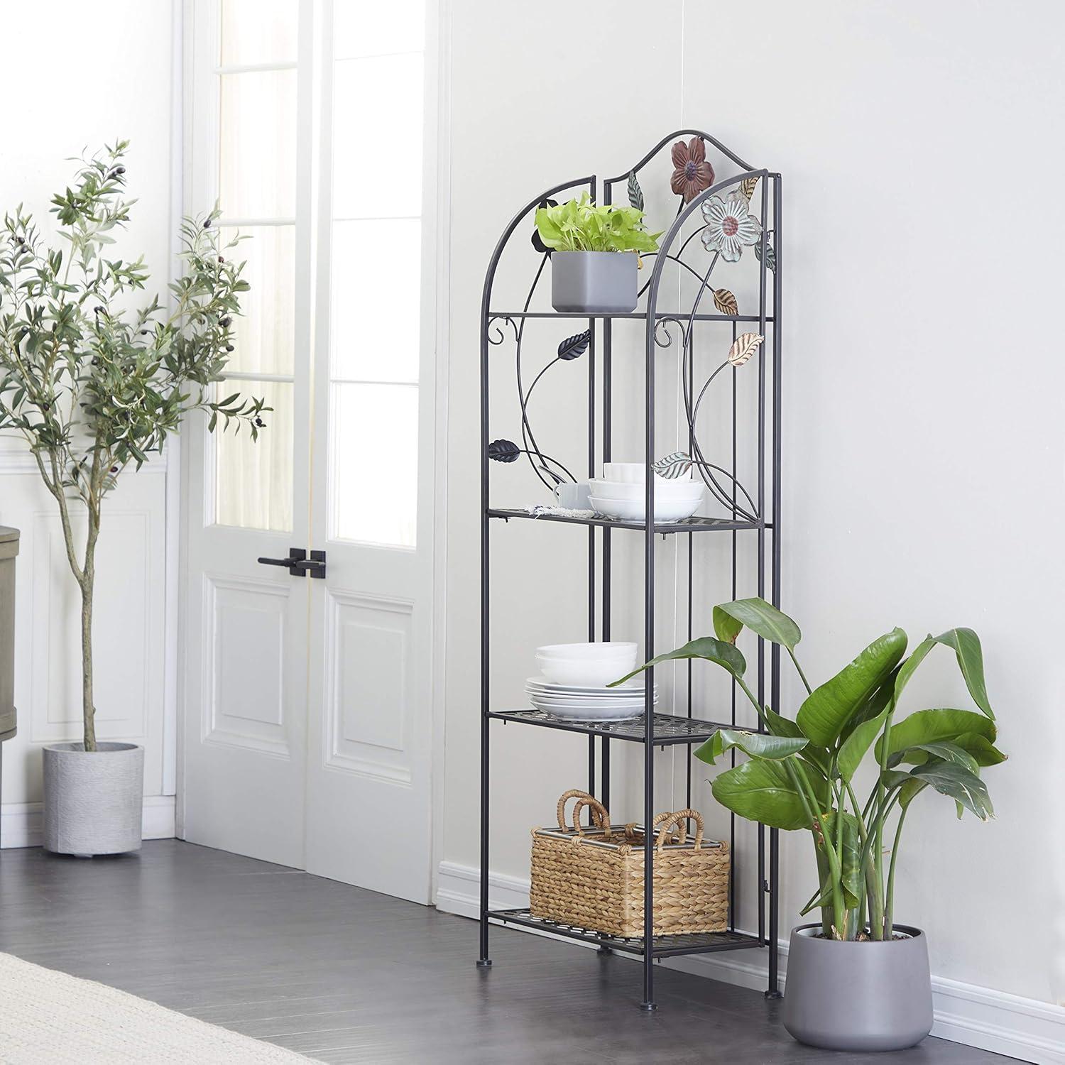 Black Metal Floral Four-Tier Foldable Baker's Rack