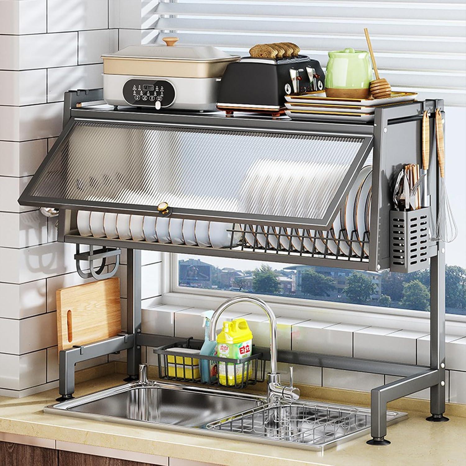 Over The Sink Dish Drying Rack with Cover Keep Kitchen Sink Shlef Organized Space-Saving Sink Drying Rack for Dishes, Glasses, Bowls, and Cutlery (Slate Gray （34.25in）)