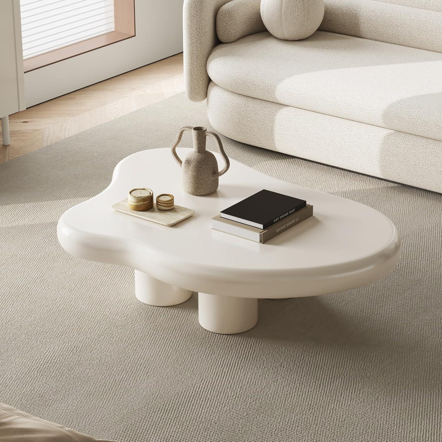 Guyii 41.02" Cream White Cloud Coffee Table, Irregular Coffee Table with 3 Legs for Living Room, Office