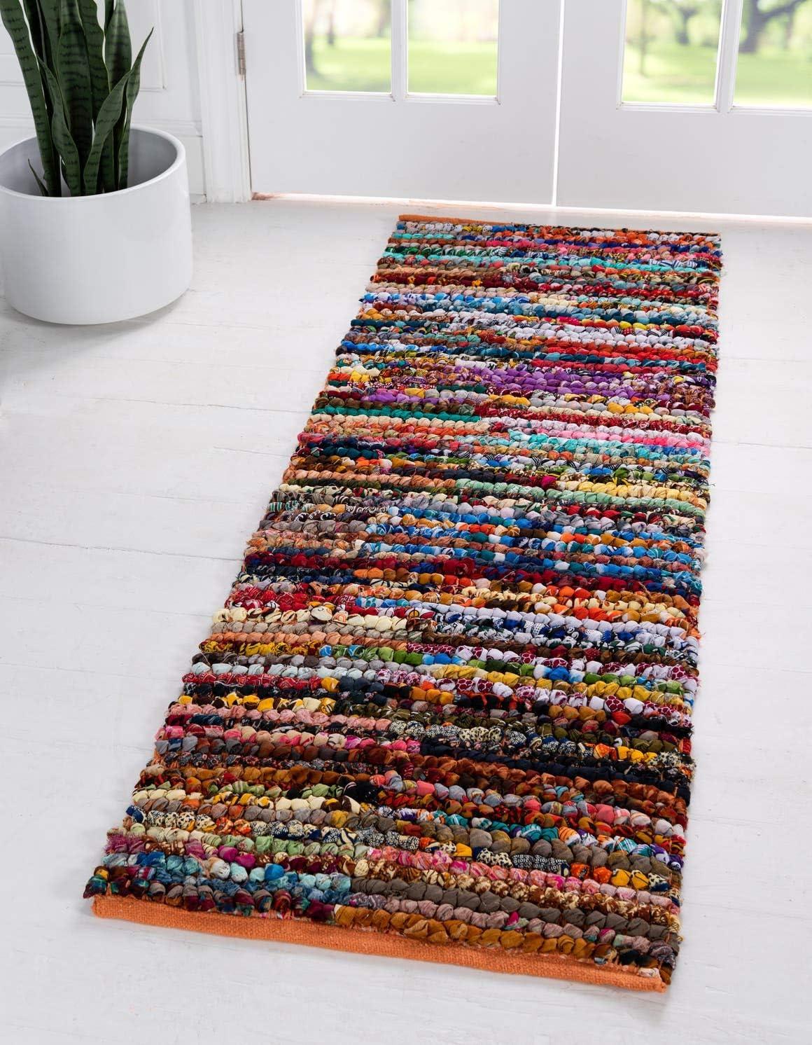 Unique Loom Braided Chindi Collection Area Rug - Multi-Striped (2' 2" x 6' 1" Runner Multi/Black)