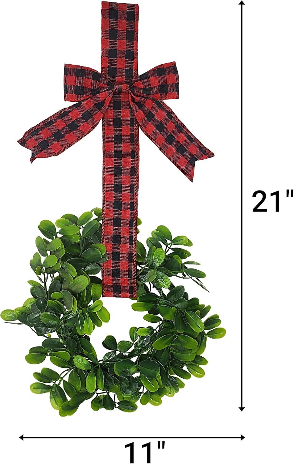 KOVOT Set of 4 Hanging Wreaths with Plaid Ribbon Bow. Christmas Decoration for Cabinets, Behind Chairs, Doors, Railings & Windows - Black & Red