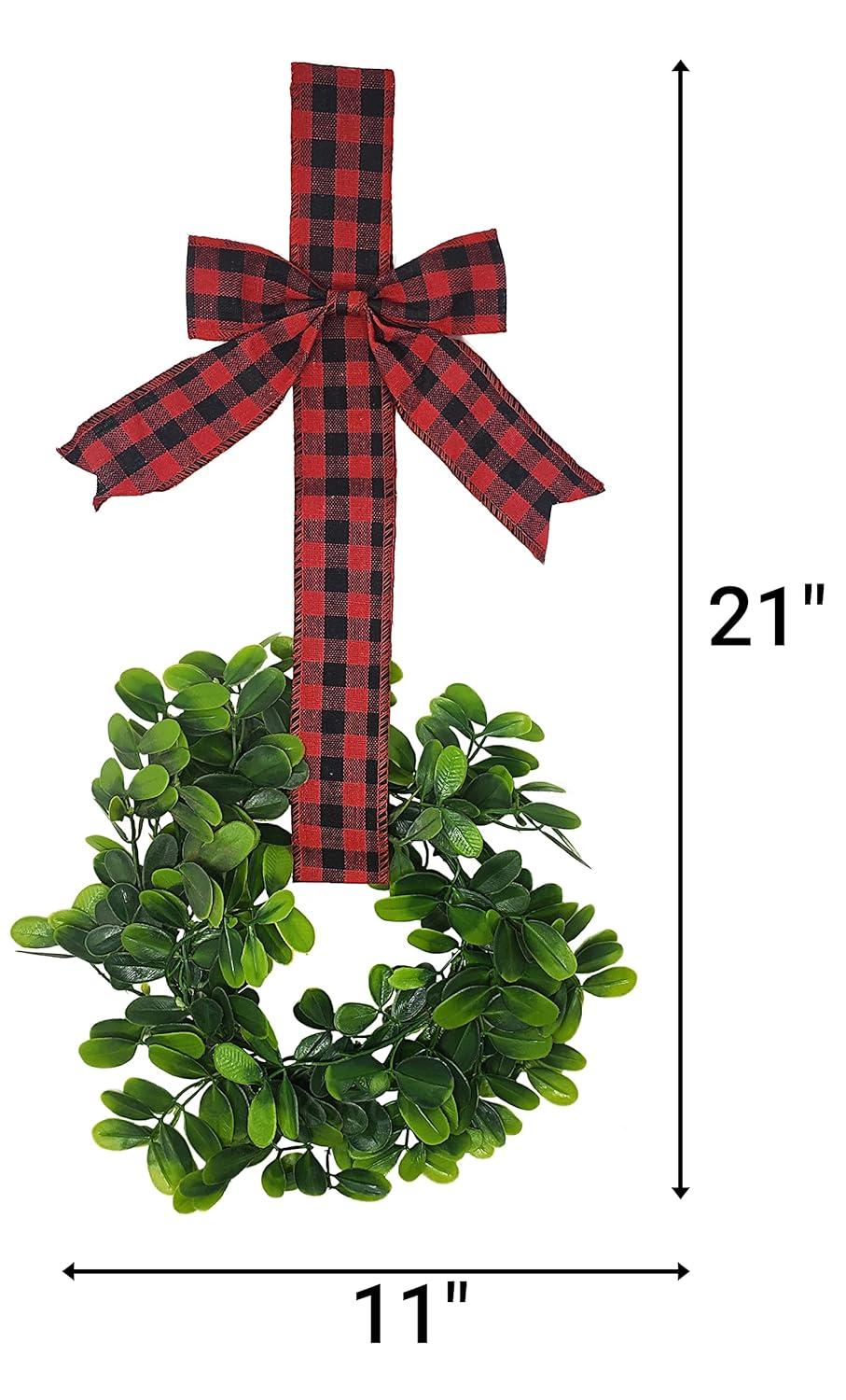 KOVOT Set of 4 Hanging Wreaths with Plaid Ribbon Bow. Christmas Decoration for Cabinets, Behind Chairs, Doors, Railings & Windows - Black & Red