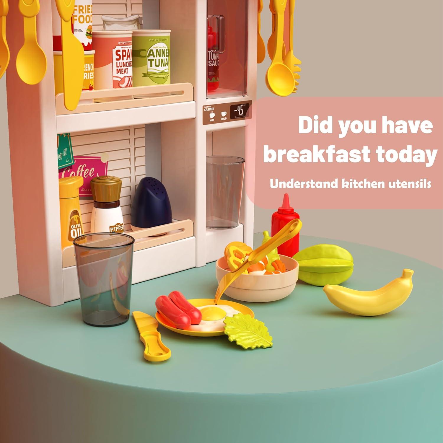 Koppop Kids Kitchen Playset 50pcs - with Sound, Light & Steam Effects, Pretend Play Toys Includes Food, Sink & Stove, Ideal for Boys & Girls Ages 3-6 (Red).