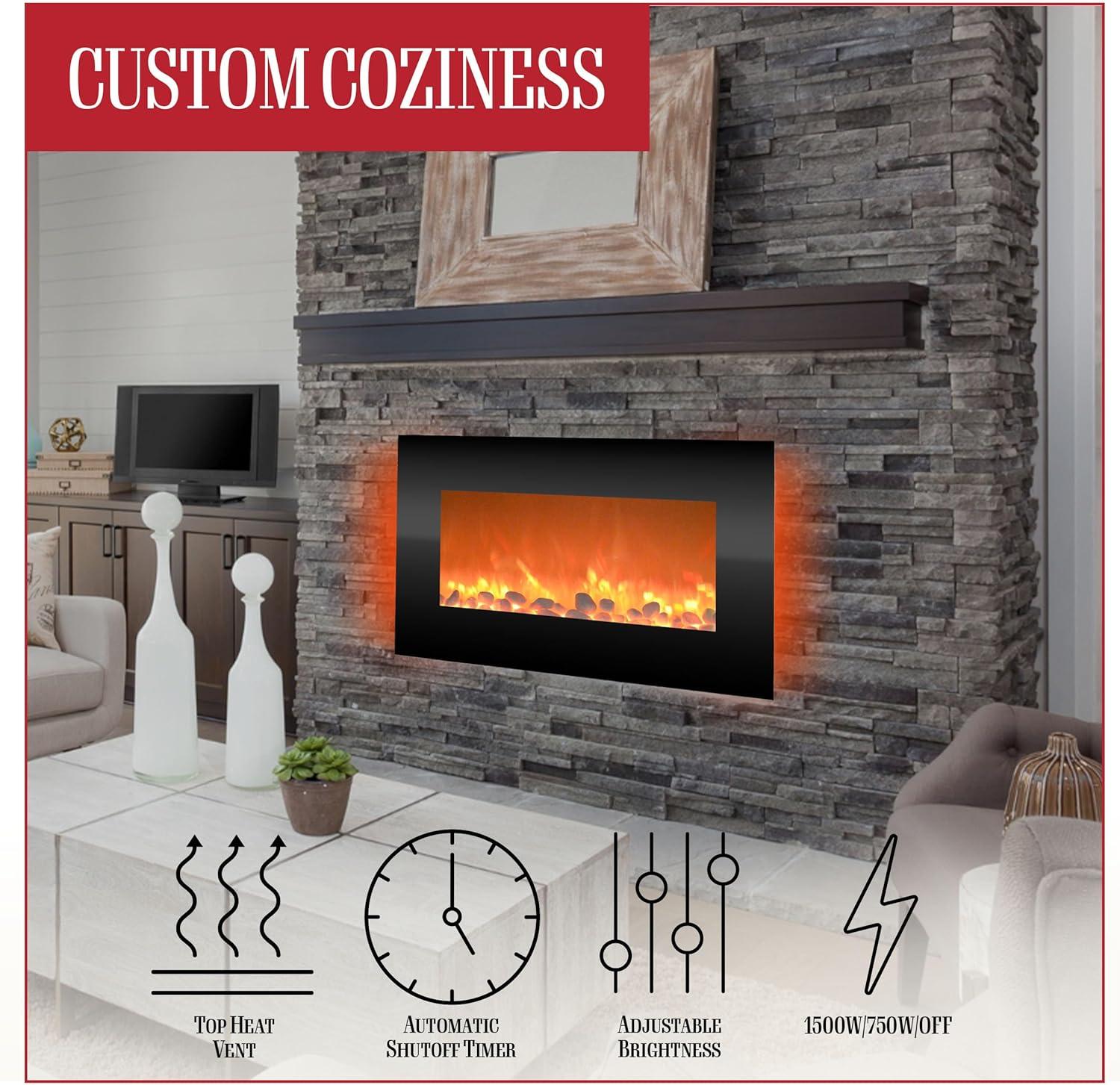 Hasting Home Electric Fireplace Wall-Mounted Heater with 13 Backlight Colors, Adjustable Heat, and Remote Control 31-Inch LED Faux  (Black)