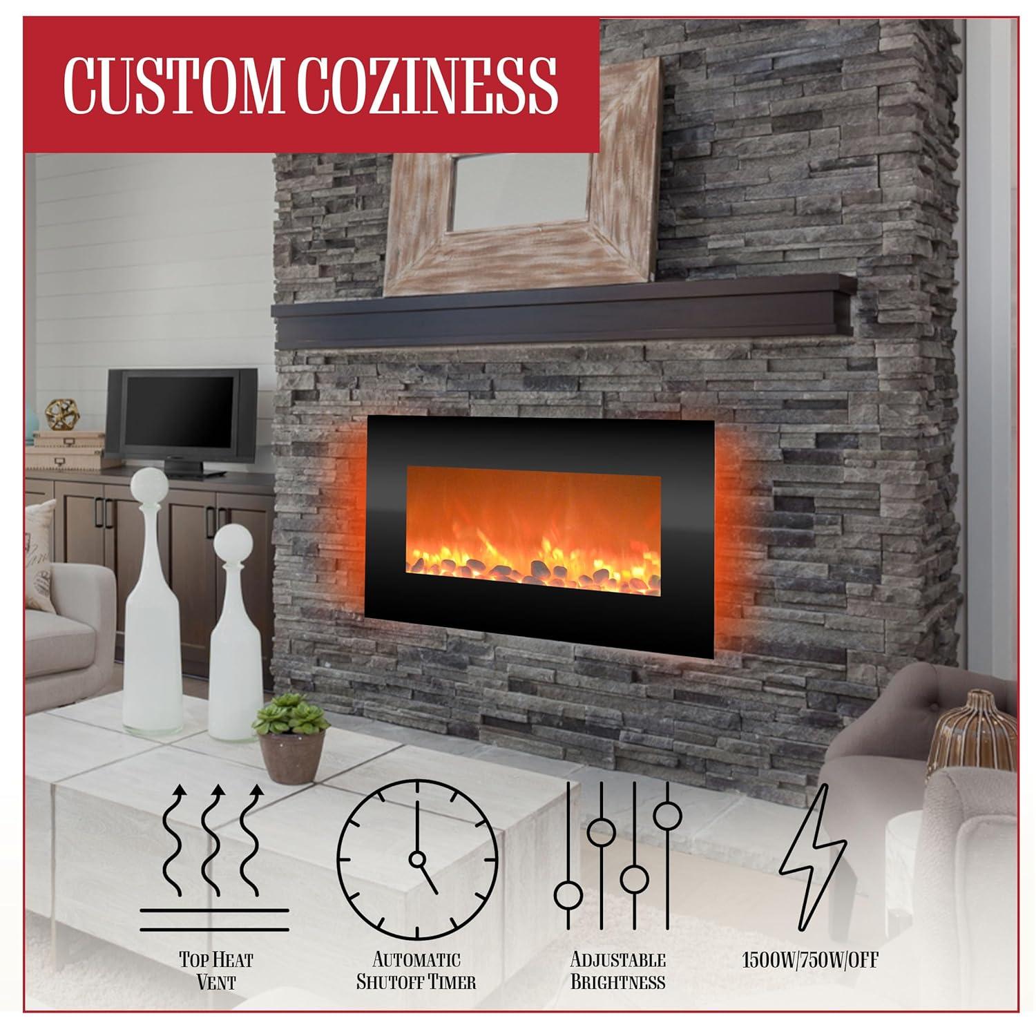 Hasting Home Electric Fireplace Wall-Mounted Heater with 13 Backlight Colors, Adjustable Heat, and Remote Control 31-Inch LED Faux  (Black)