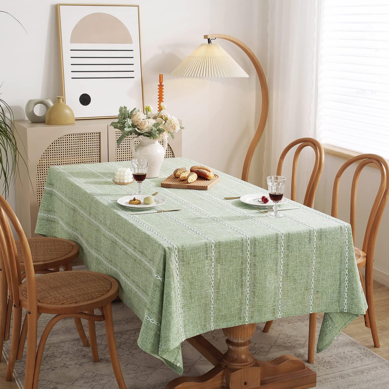 Sage Green Embroidered Cotton Linen Rectangular Tablecloth