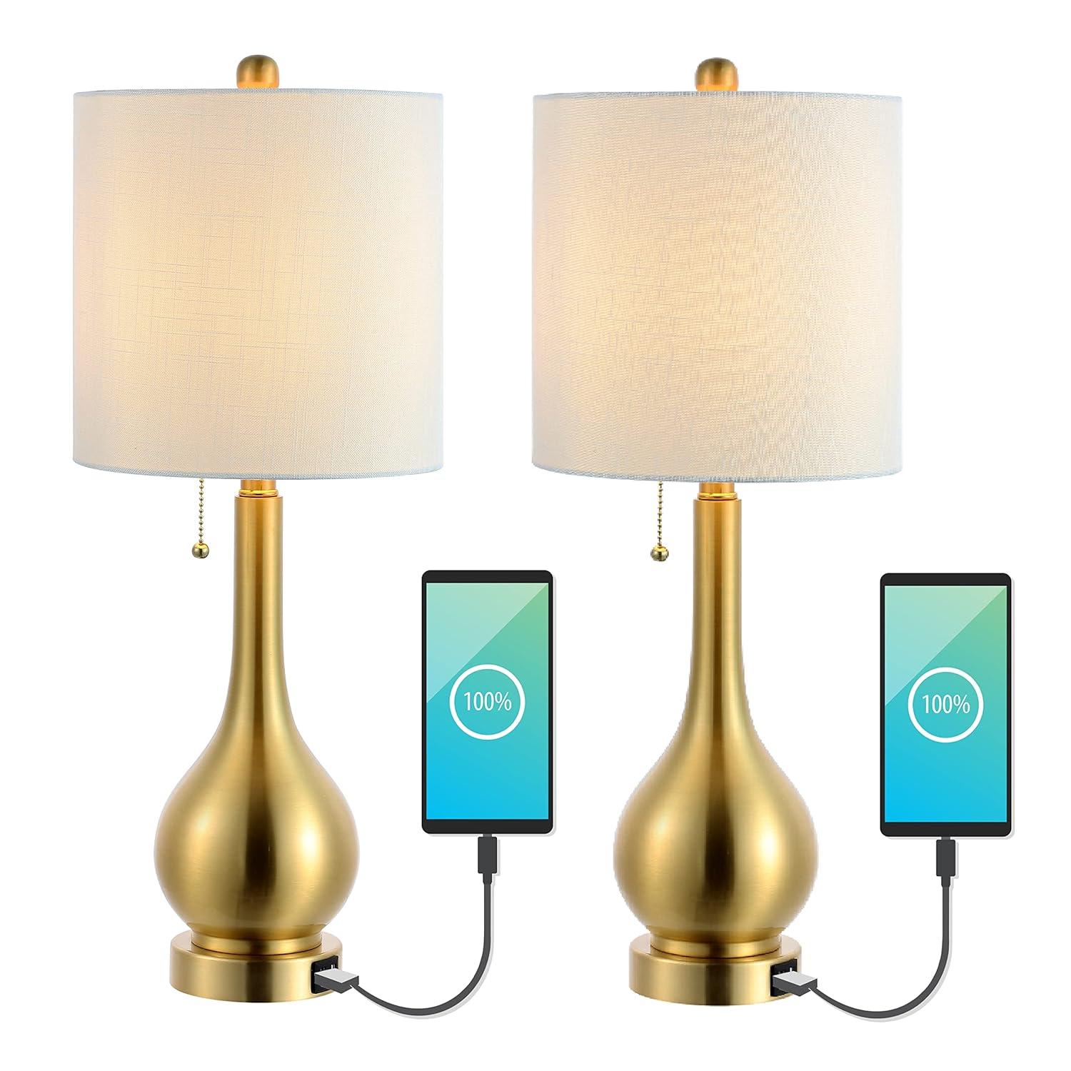 JONATHAN Y JYL1127C-SET2 Tyler 24" Modern Classic Gourd Iron LED Table Lamp with Pull-Chain with Dual USB Charging Port, for living room, dinning room Bulb Included, Brass Gold (Set of 2)