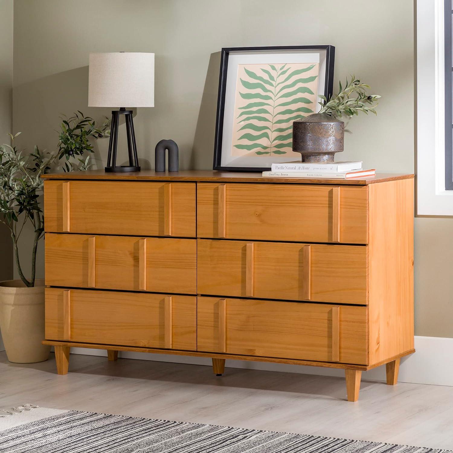 Walker Edison Modern Detailed 6-Drawer Solid Wood Dresser 60 Inch Caramel