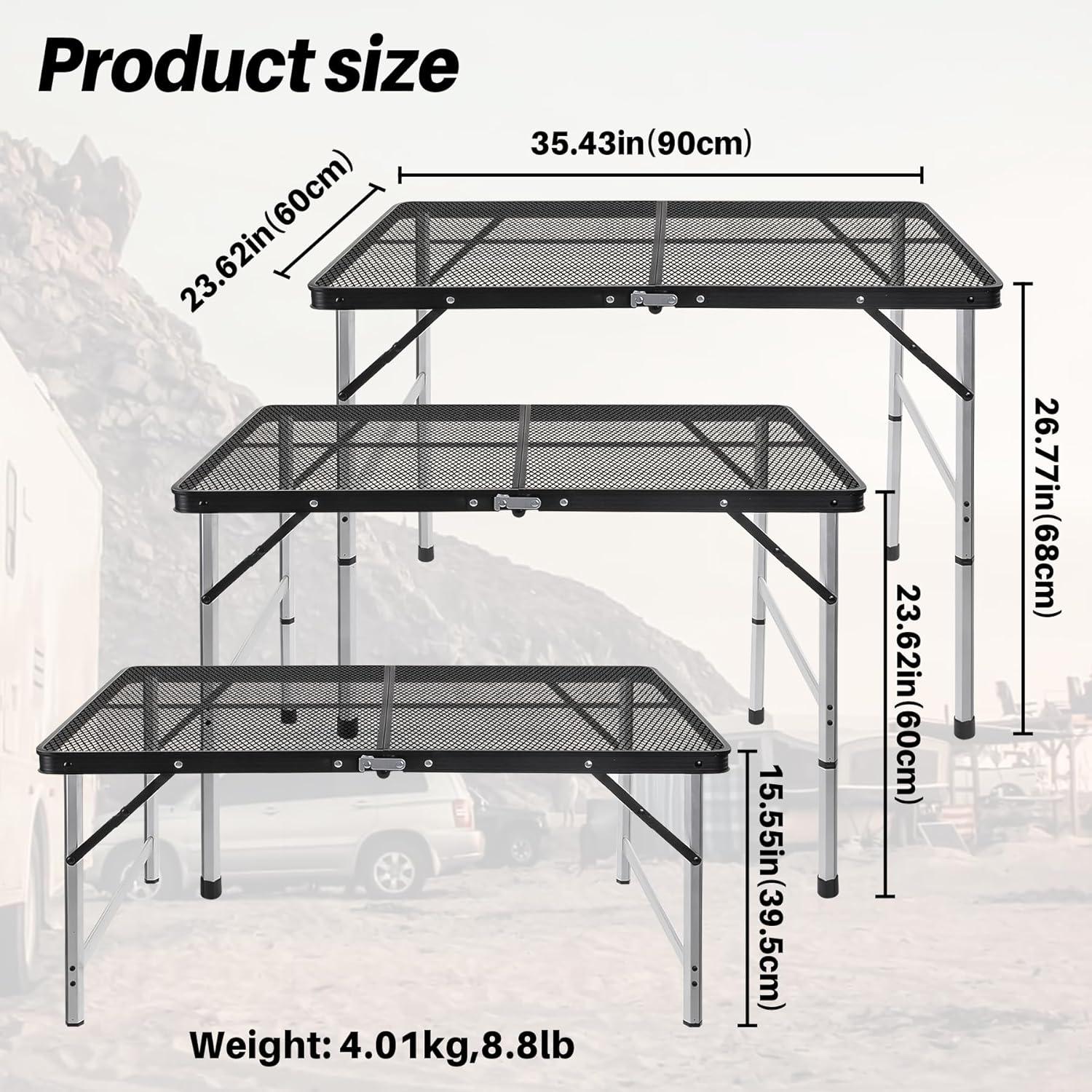 Black Adjustable Height Folding Grill Table with Metal Mesh