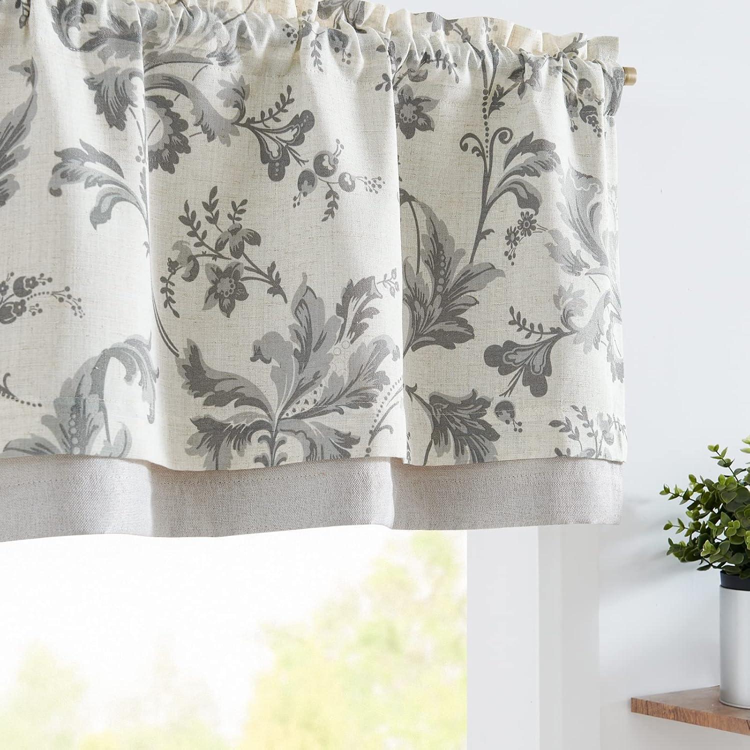 jinchan Linen Valance Curtain Farmhouse Window Decor Gray Floral Print for Kitchen Living Room Double Layer Blackout Valance 16 Inches Rustic Window Treatment 1 Panel Rod Pocket Grey on Beige